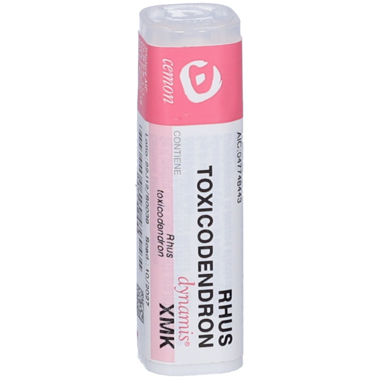 Confezione cilindrica bianca con etichetta rosa. Scritta: Rhus Toxicodendron Dynamis XMK. Marchio: Cemon.