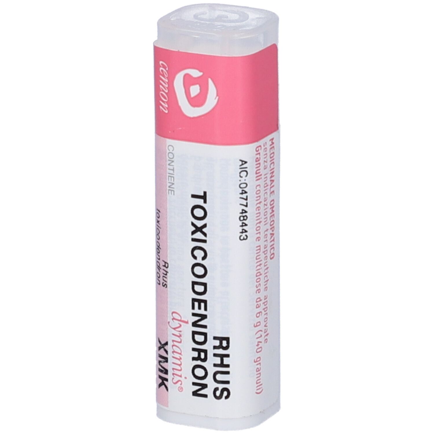 Confezione cilindrica bianca con etichetta rosa. Scritta: Rhus Toxicodendron Dynamis XMK. Contiene granuli. Marchio: Cemon.