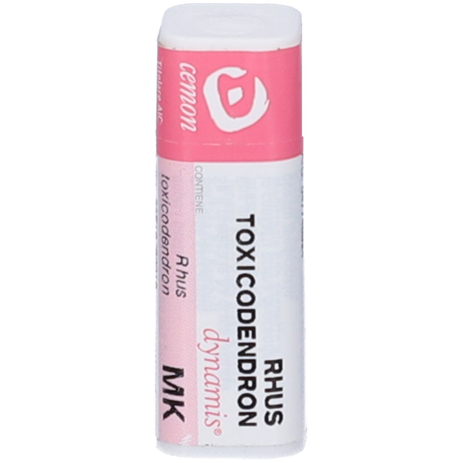 Confezione cilindrica con etichetta rosa e bianca. Testo: Rhus toxicodendron dynamis MK, Cemon.