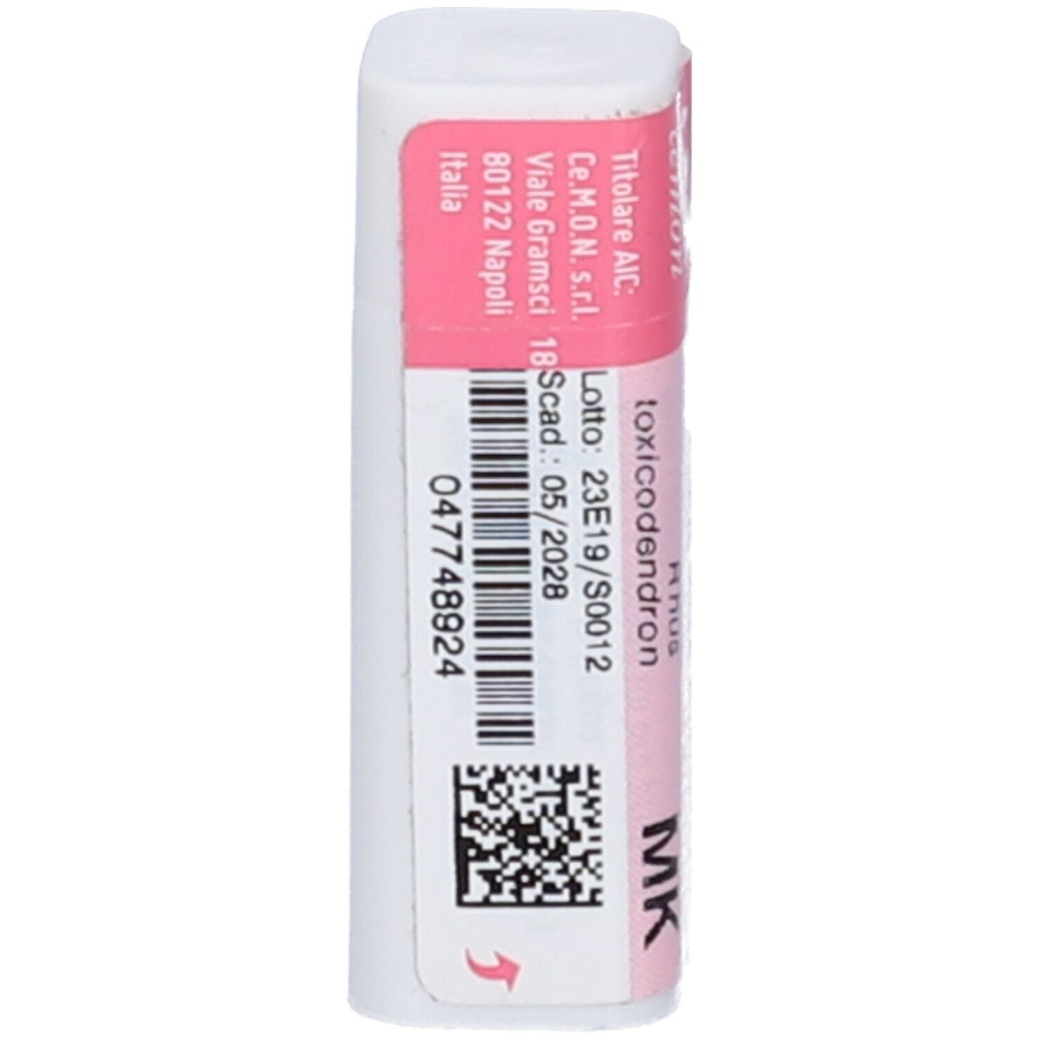 Retro della confezione cilindrica. Codice a barre, testo: Lotto, scad. 05/2028, Cemon.