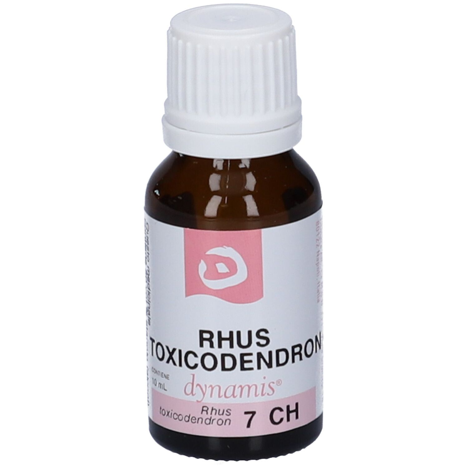 Flacone marrone con tappo bianco. Etichetta con "RHUS TOXICODENDRON dynamis 7 CH".