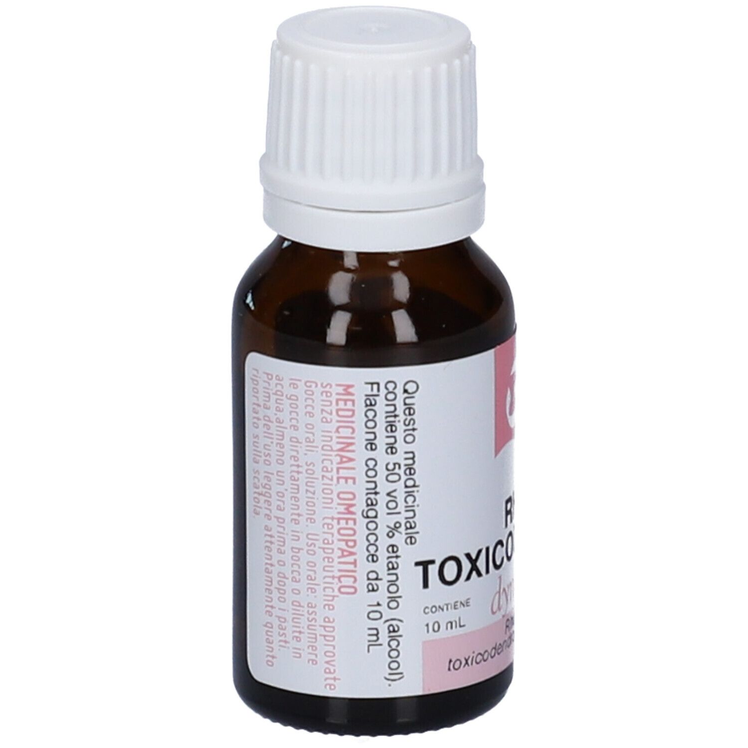 Flacone marrone con tappo bianco. Etichetta con testo, tra cui "RHUS TOXICODENDRON dynamis 7 CH".
