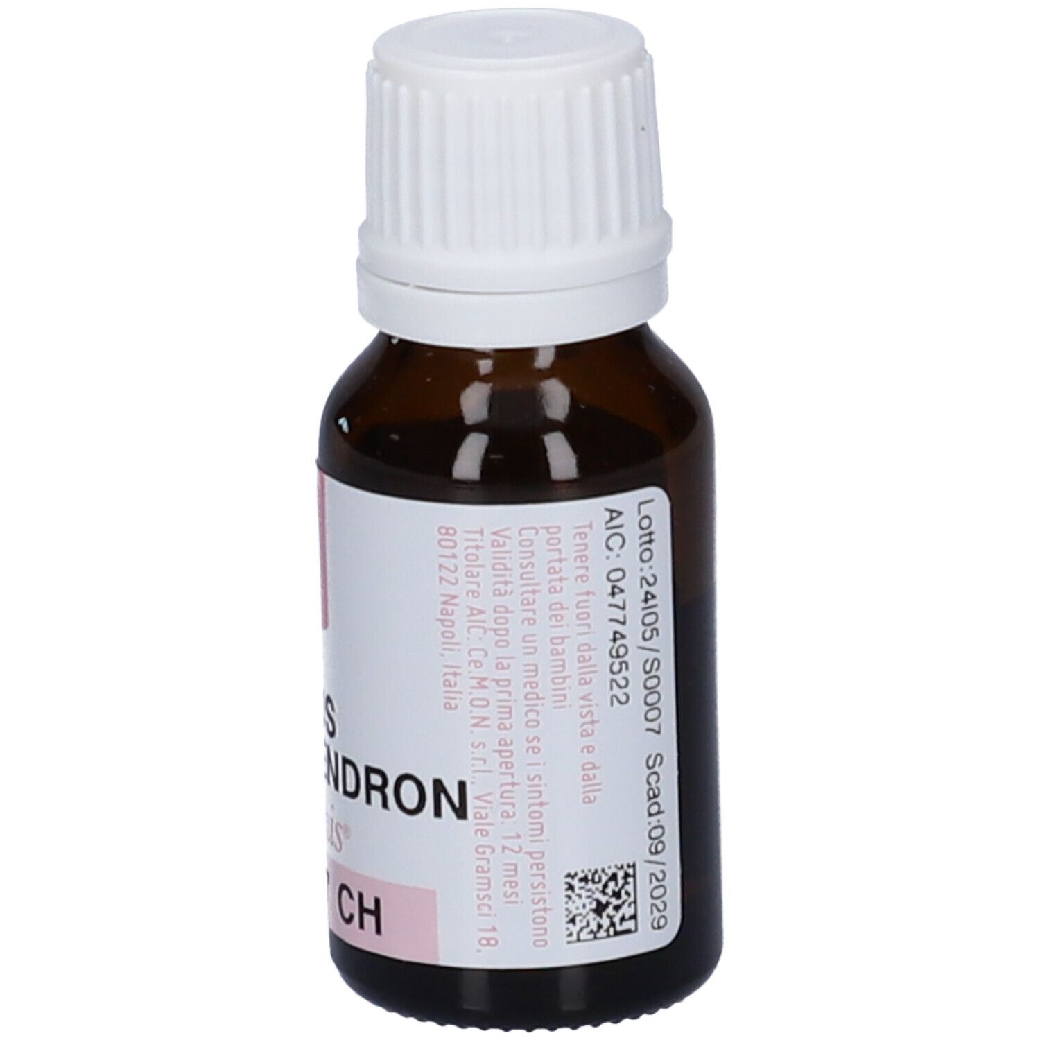 Flacone marrone con tappo bianco. Etichetta con testo, tra cui "RHUS TOXICODENDRON dynamis 7 CH".