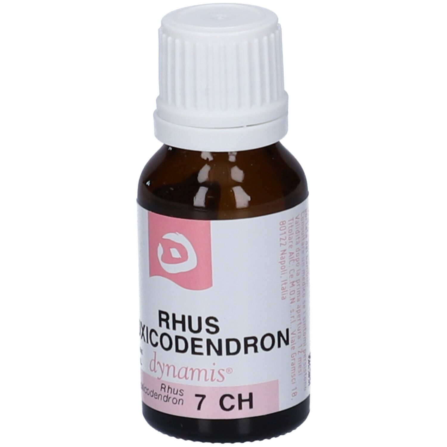 Flacone marrone con tappo bianco. Etichetta con testo, tra cui "RHUS TOXICODENDRON dynamis 7 CH".