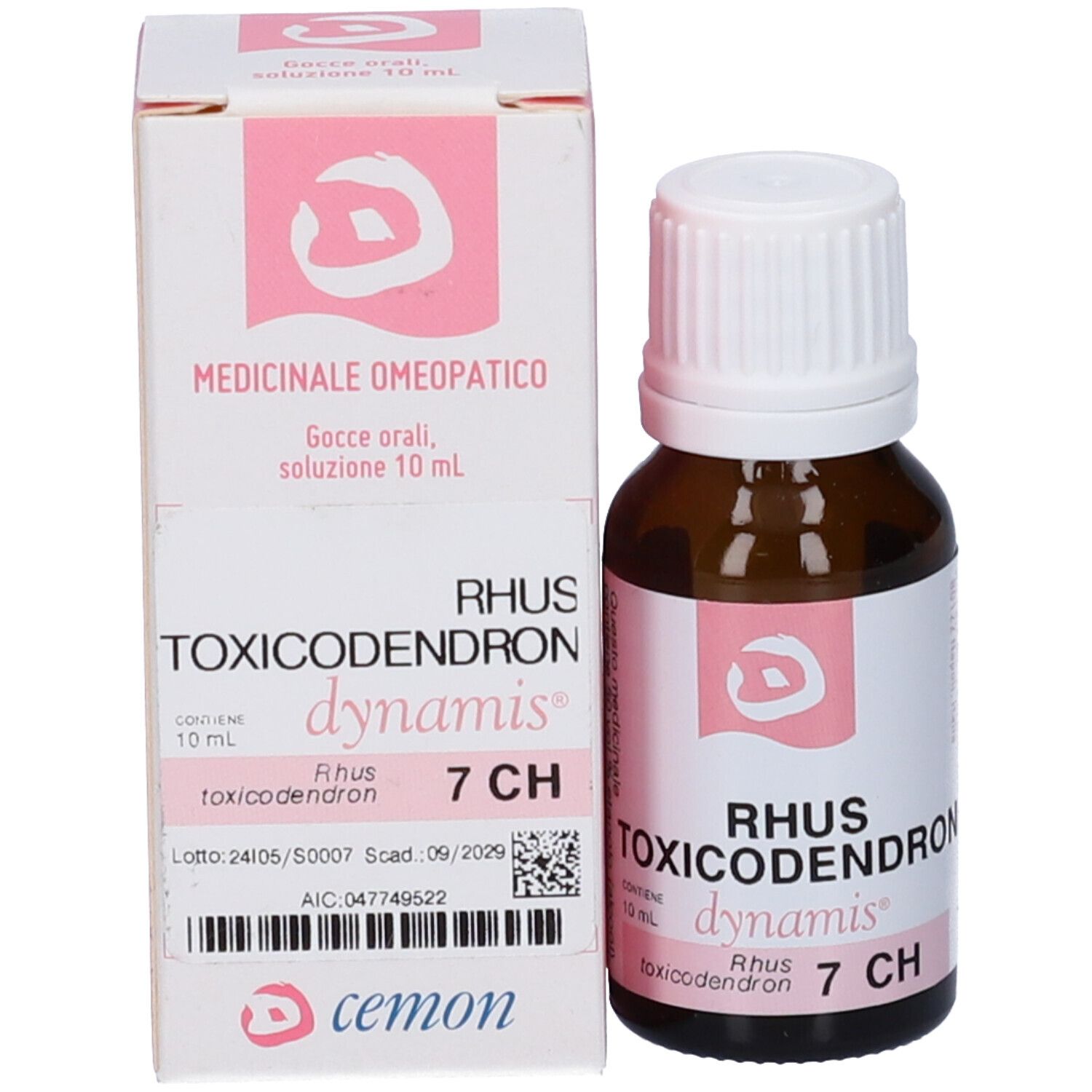 Flacone e scatola marroni. Su entrambi è scritto "RHUS TOXICODENDRON dynamis 7 CH".