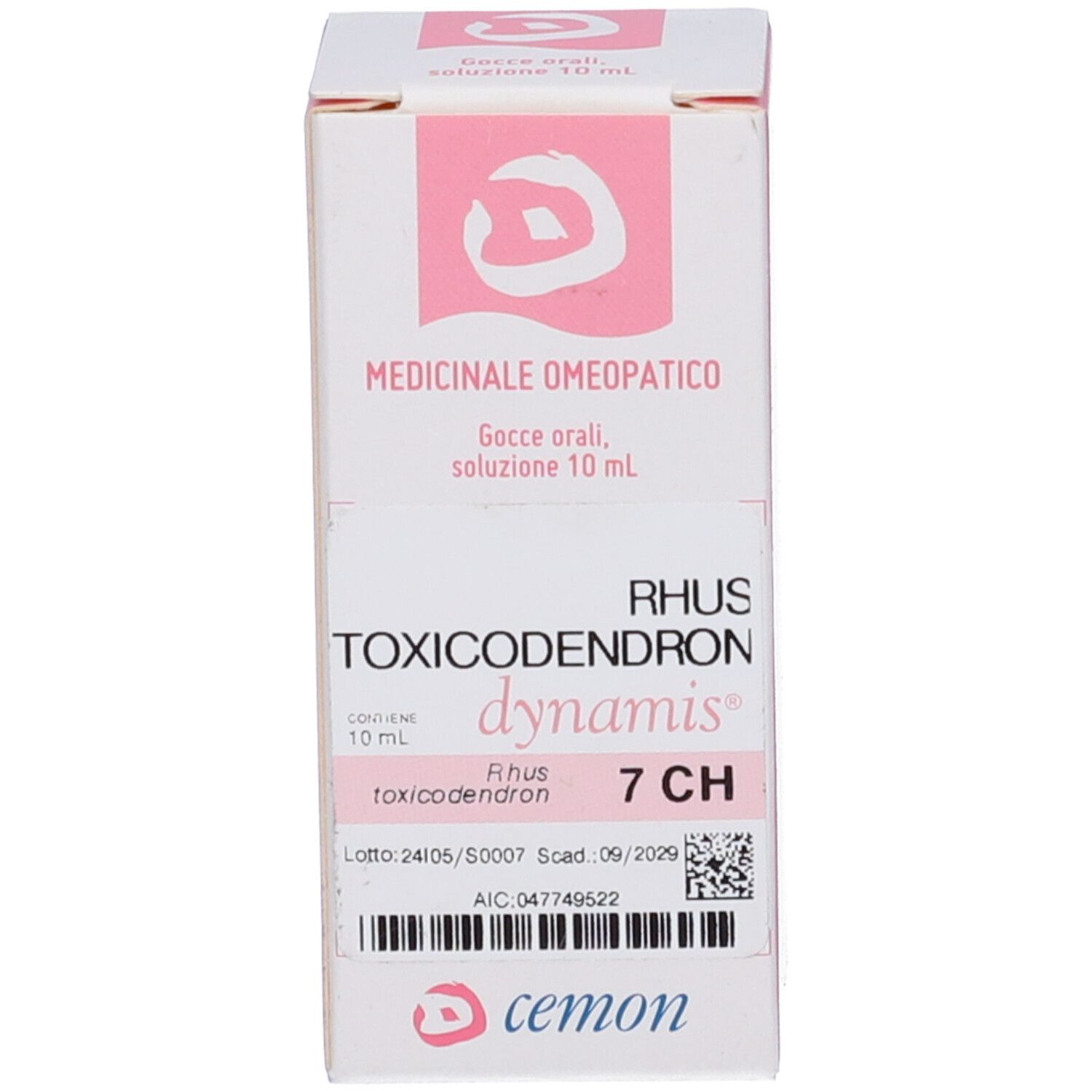 Scatola con testo. Sulla scatola è scritto "RHUS TOXICODENDRON dynamis 7 CH".