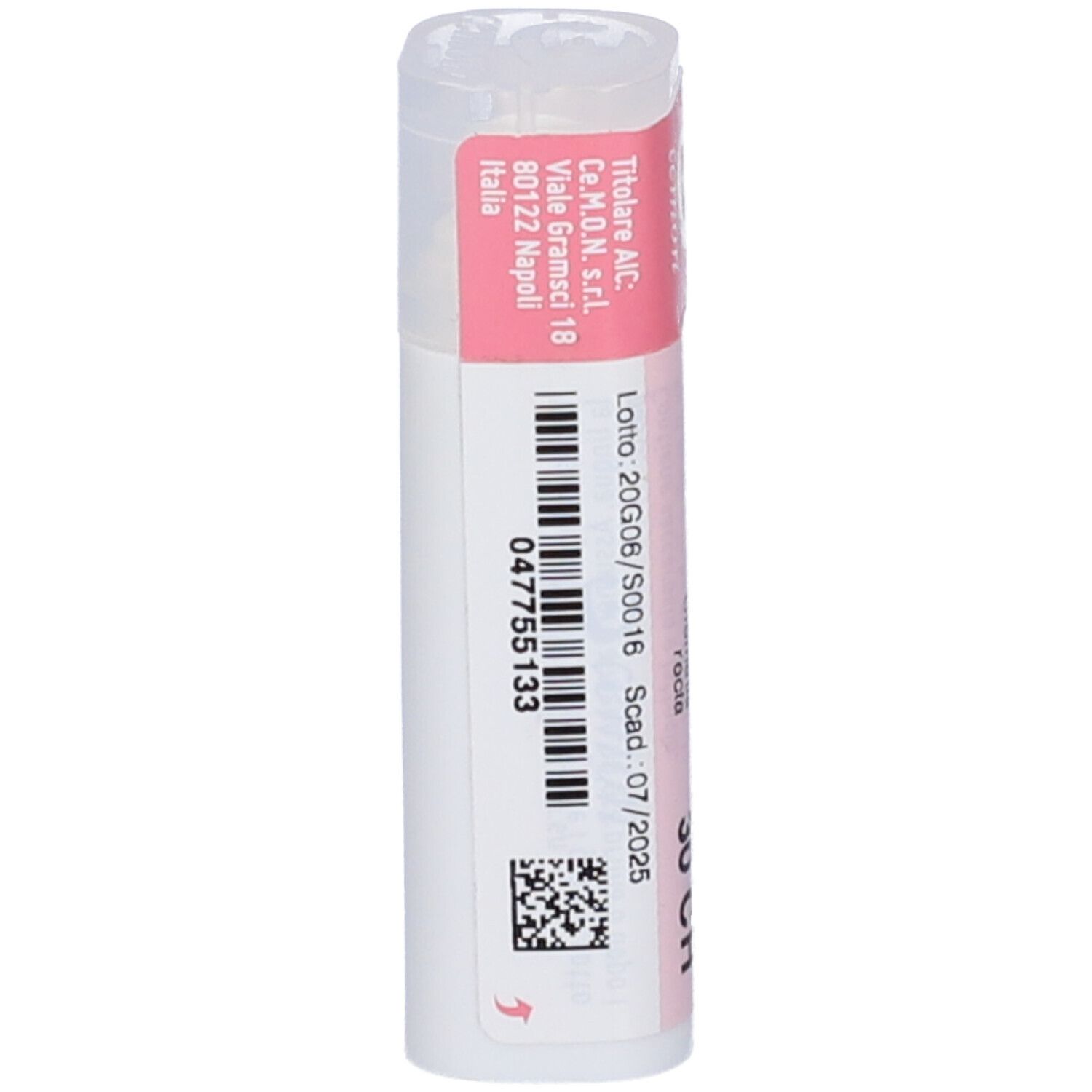 Flacone cilindrico con etichetta rosa. Scritte: CLEMATIS RECTA, 30 CH, cemon, dynamis.