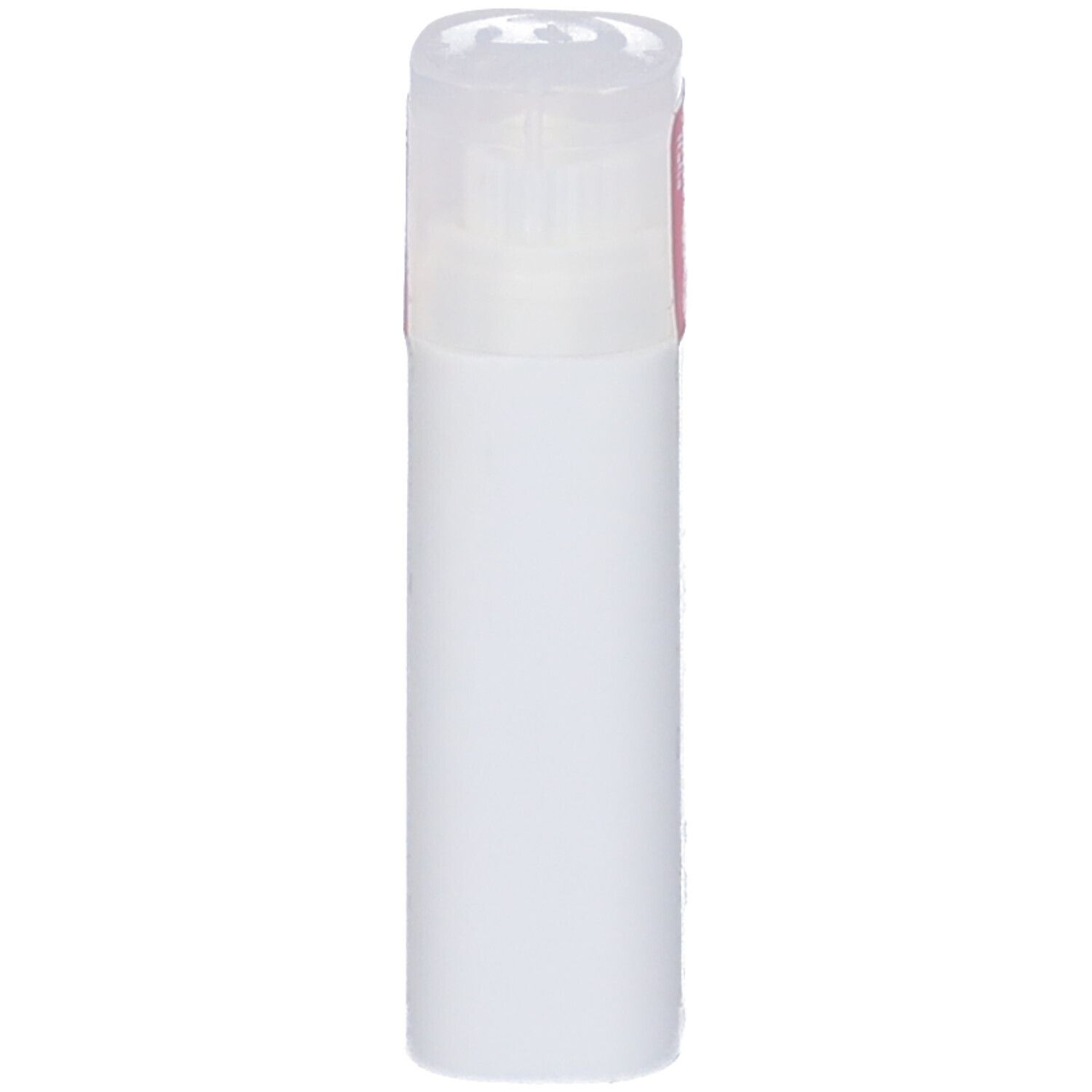 Flacone cilindrico bianco con coperchio trasparente. Etichetta rosa.