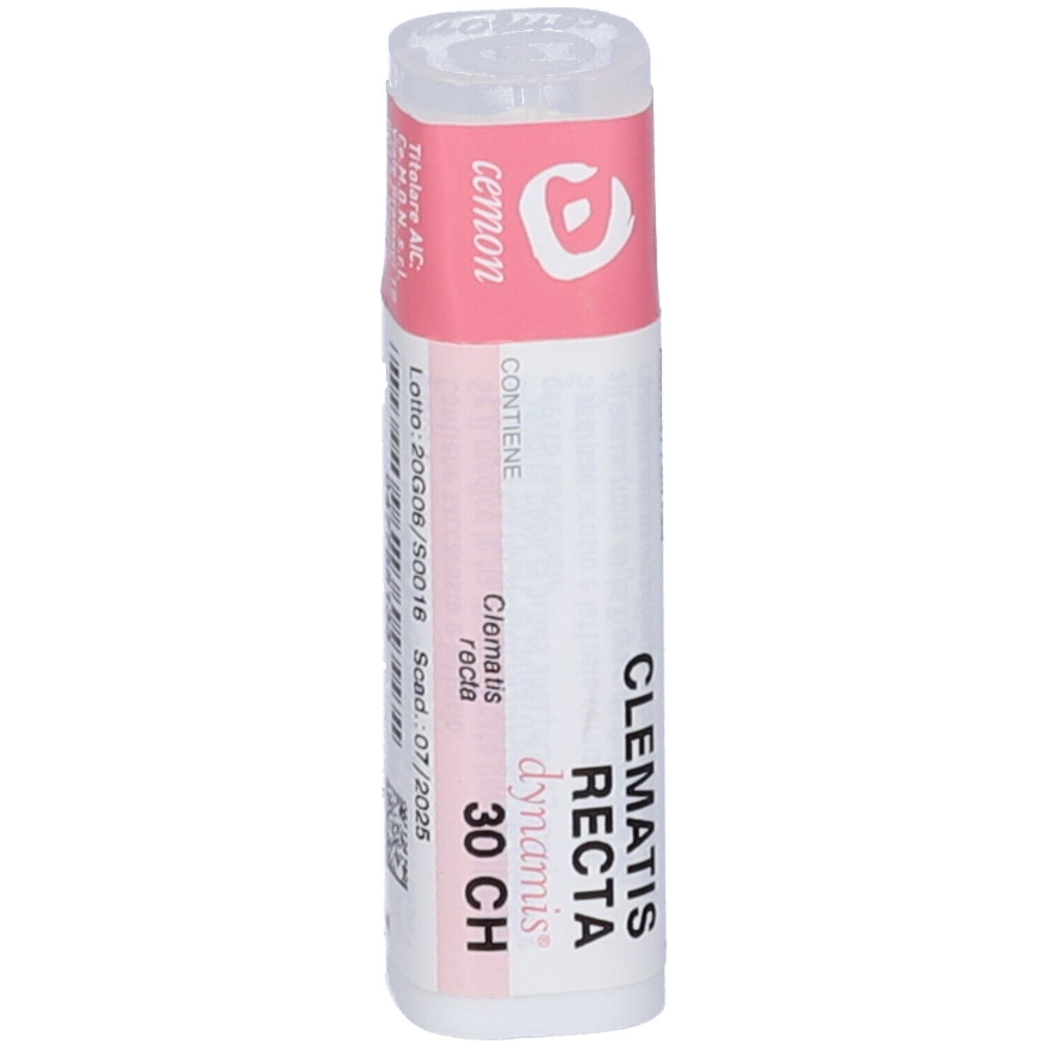 Flacone cilindrico con etichetta rosa. Scritte: CLEMATIS RECTA, 30 CH, cemon, dynamis.