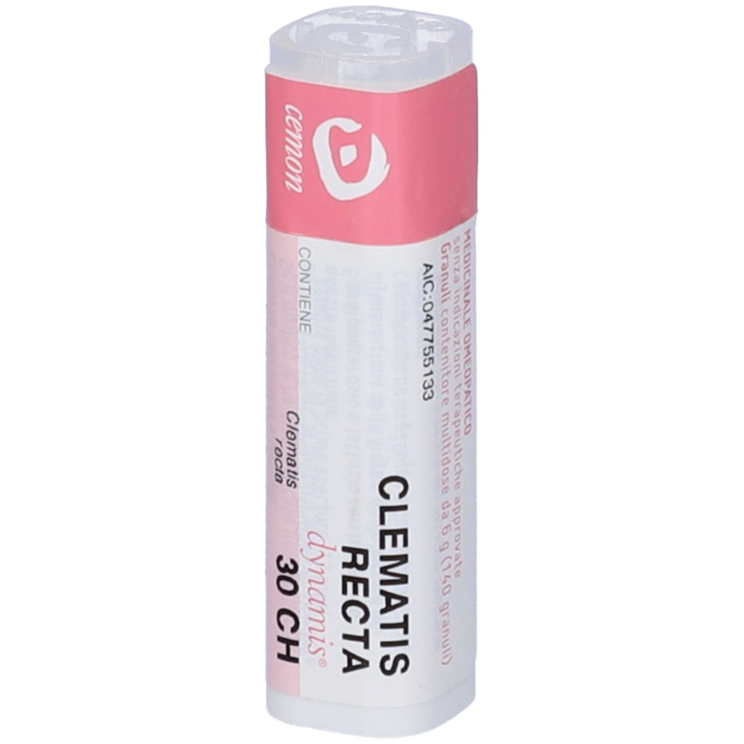 Flacone cilindrico con etichetta rosa. Scritte: CLEMATIS RECTA, 30 CH, cemon, dynamis.