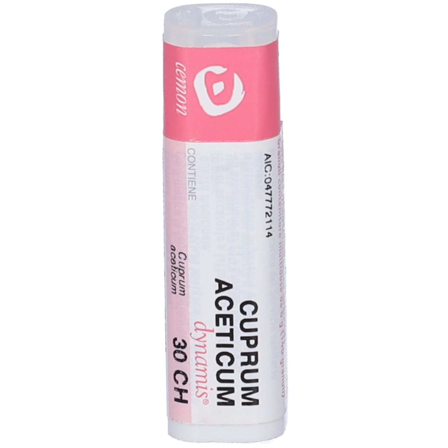 Flacone cilindrico con etichetta rosa. Scritta: "Cuprum Aceticum dynamis 30 CH".