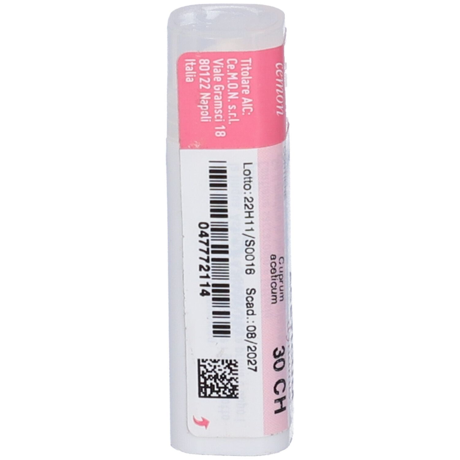 Flacone cilindrico con etichetta rosa. Scritta: "Cuprum Aceticum dynamis 30 CH". Codice a barre e altre informazioni.