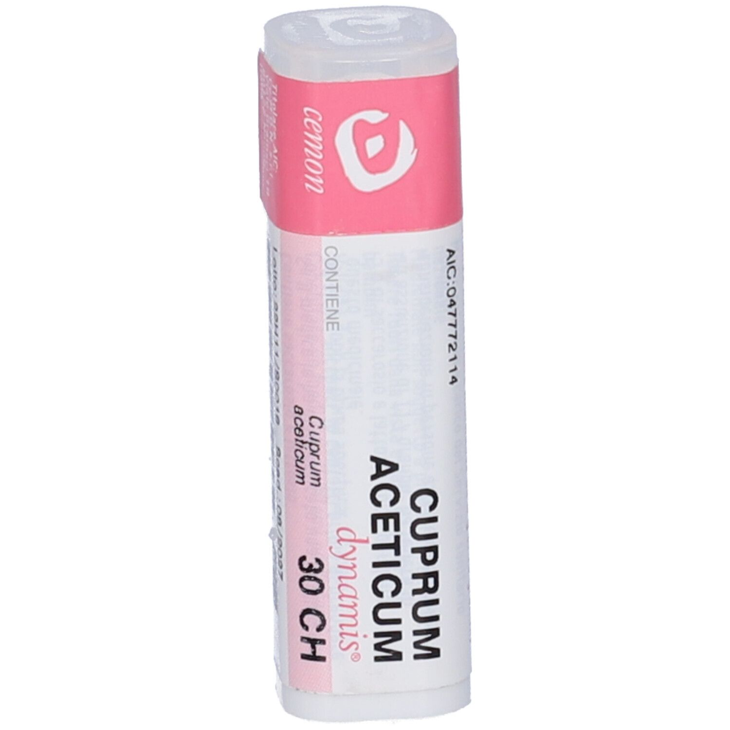 Flacone cilindrico con etichetta rosa. Scritta: "Cuprum Aceticum dynamis 30 CH".
