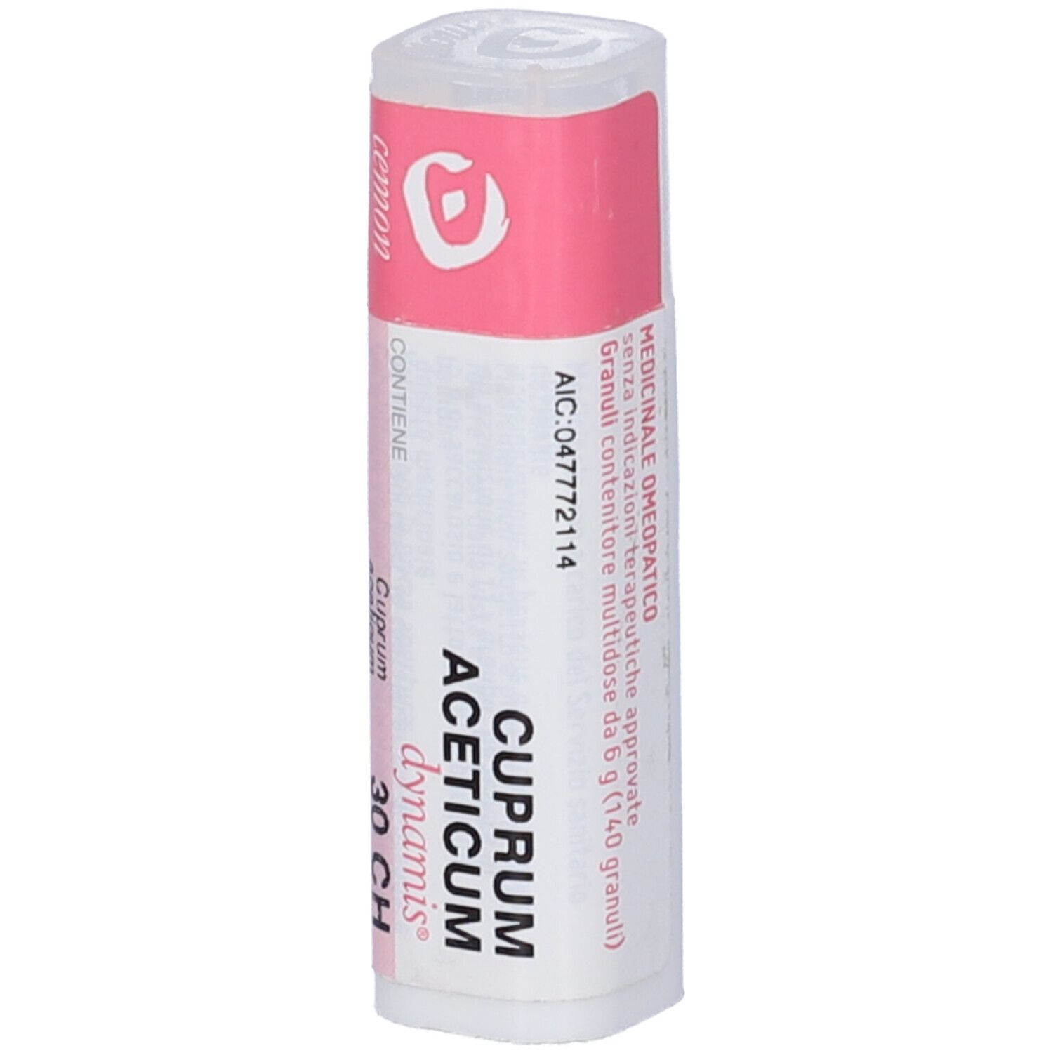 Flacone cilindrico con etichetta rosa. Scritta: "Cuprum Aceticum dynamis 30 CH". Informazioni aggiuntive.