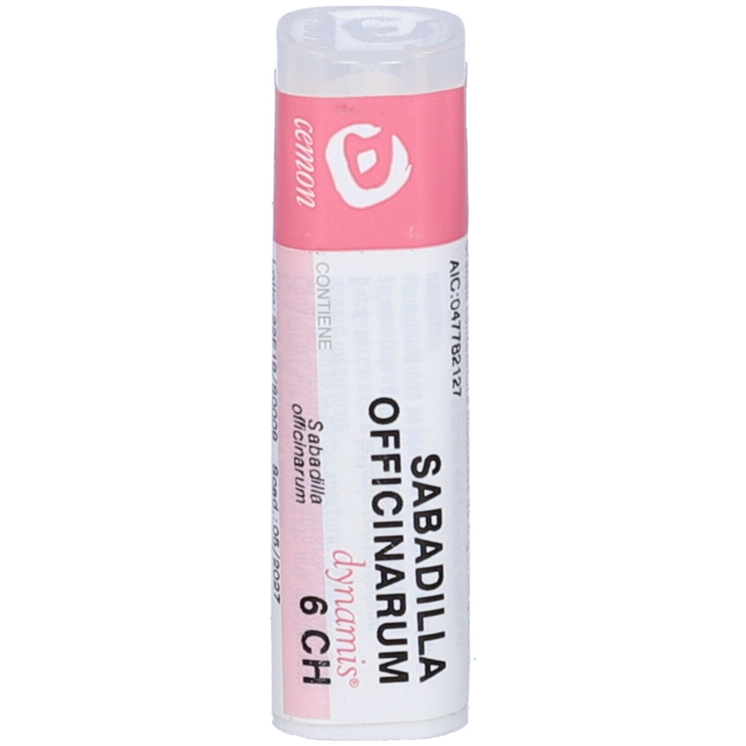 Confezione cilindrica con etichetta rosa. Scritta: Sabadilla Officinarum 6 CH, cemon, dynamis.