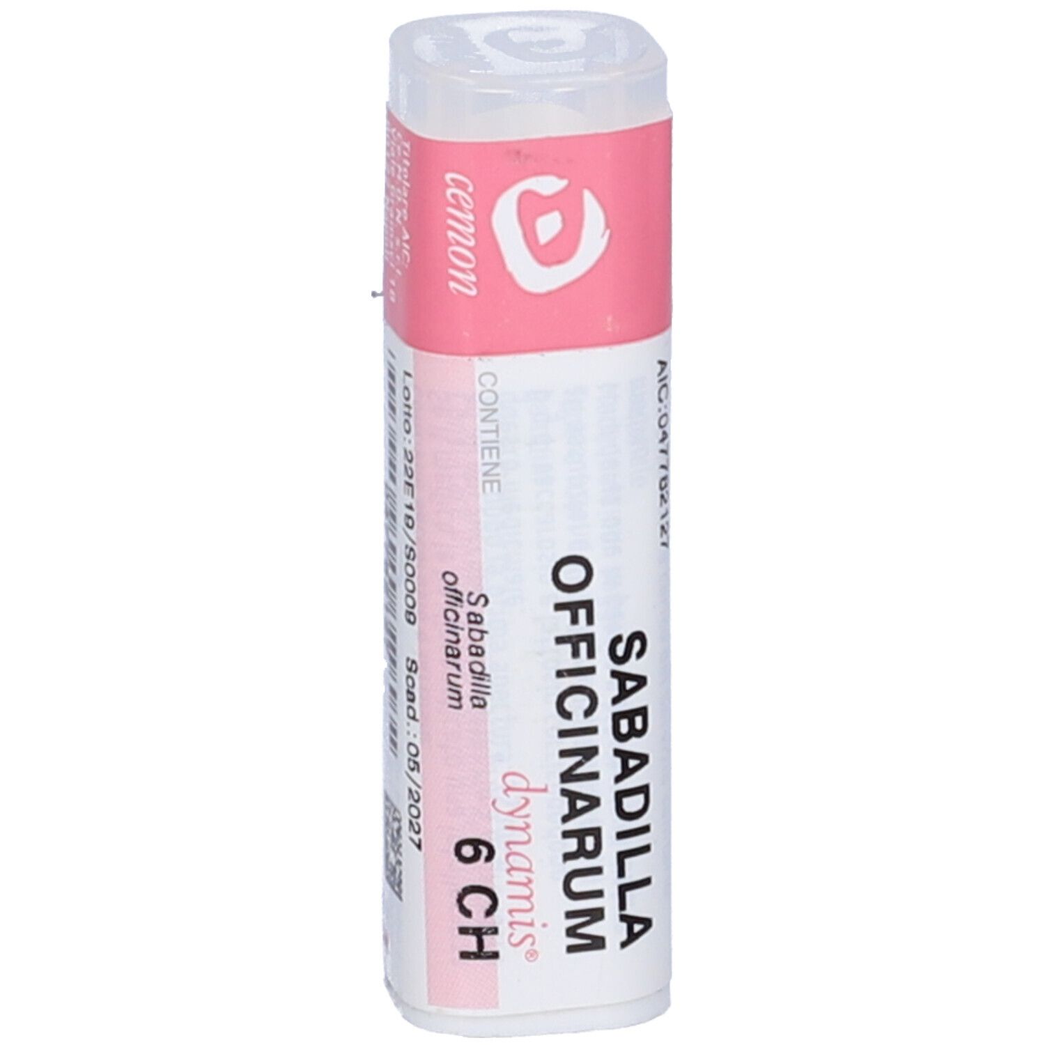 Confezione cilindrica con etichetta rosa. Scritta: Sabadilla Officinarum 6 CH, cemon, dynamis.