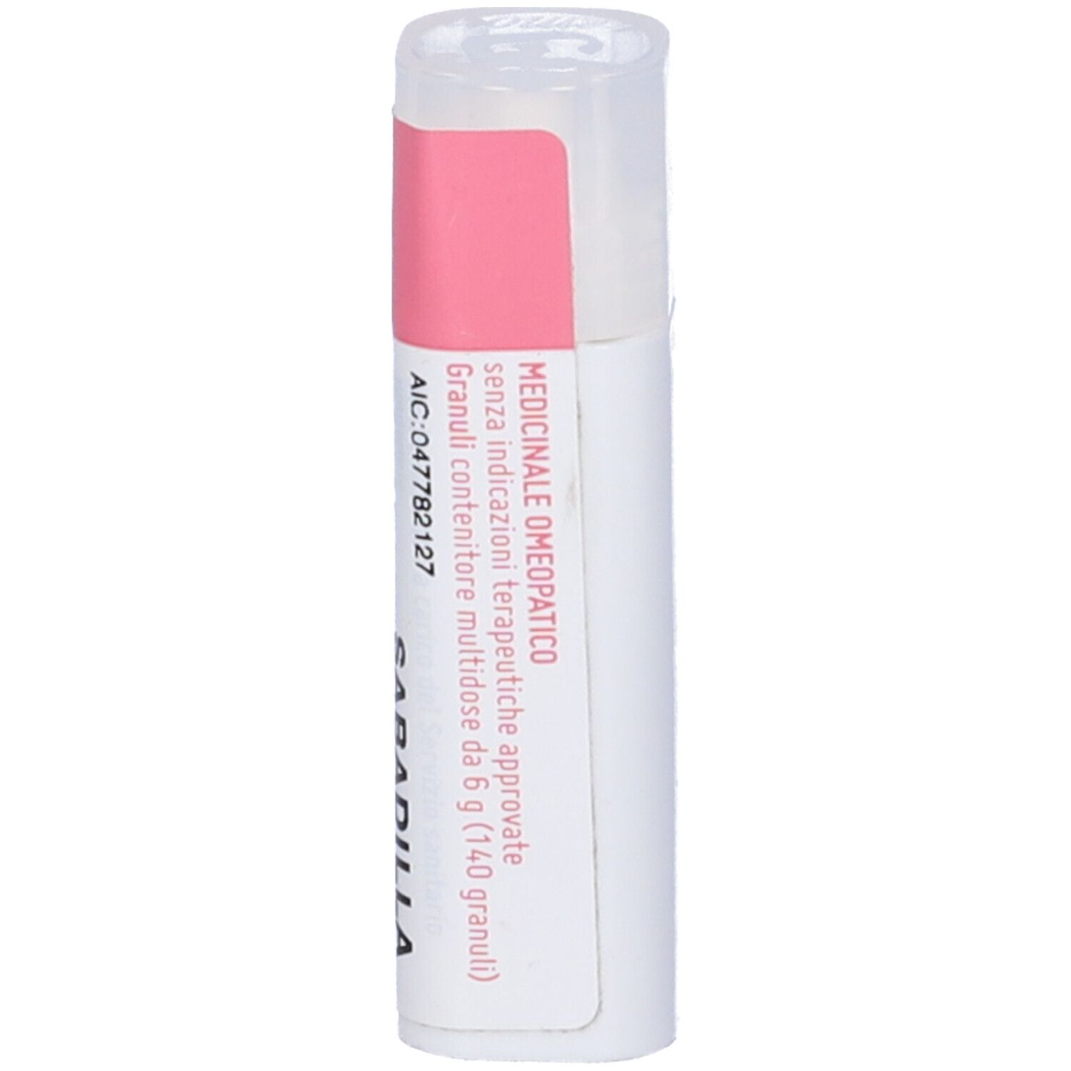 Confezione cilindrica con etichetta rosa. Scritta: Sabadilla Officinarum 6 CH, cemon, dynamis.