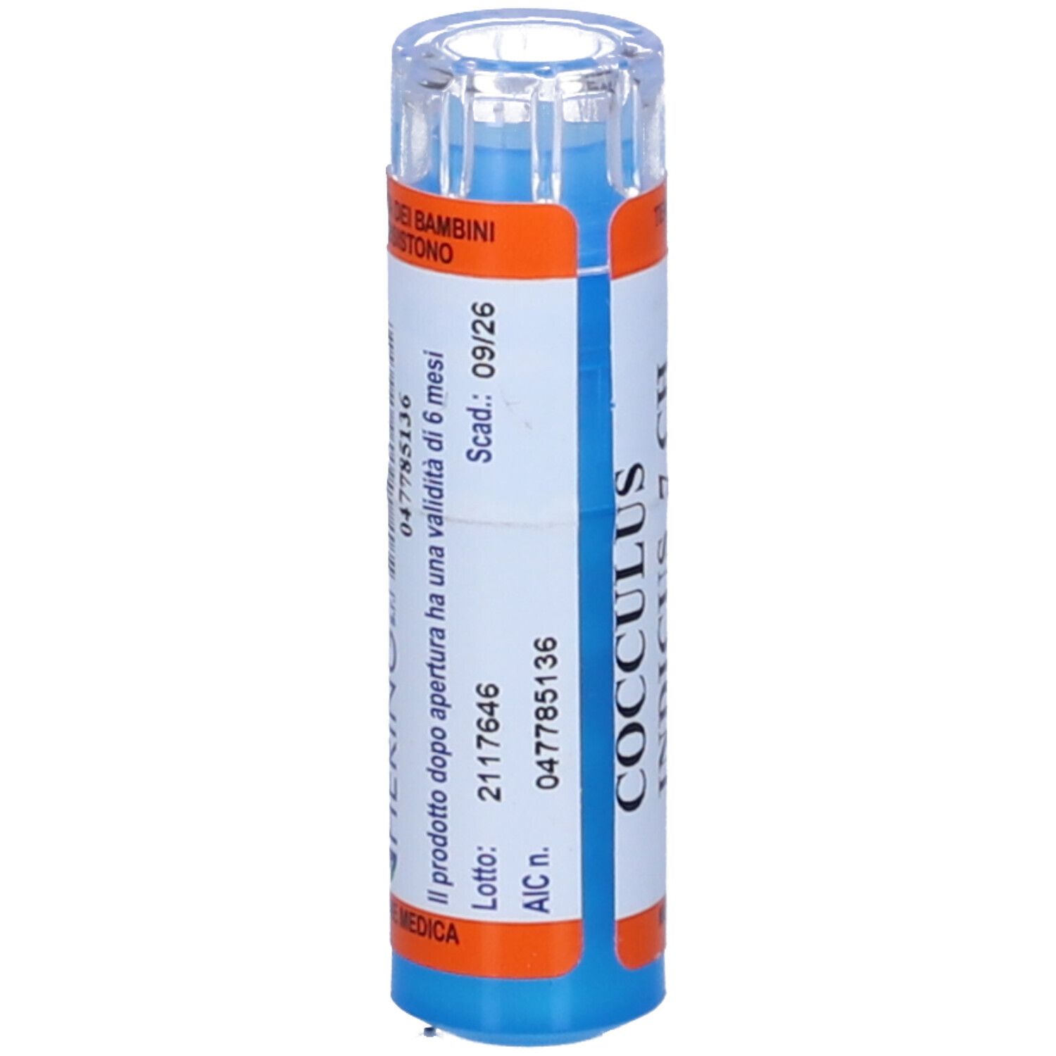 Confezione cilindrica con base e coperchio blu. Etichetta con numero di lotto, scadenza e numero AIC.