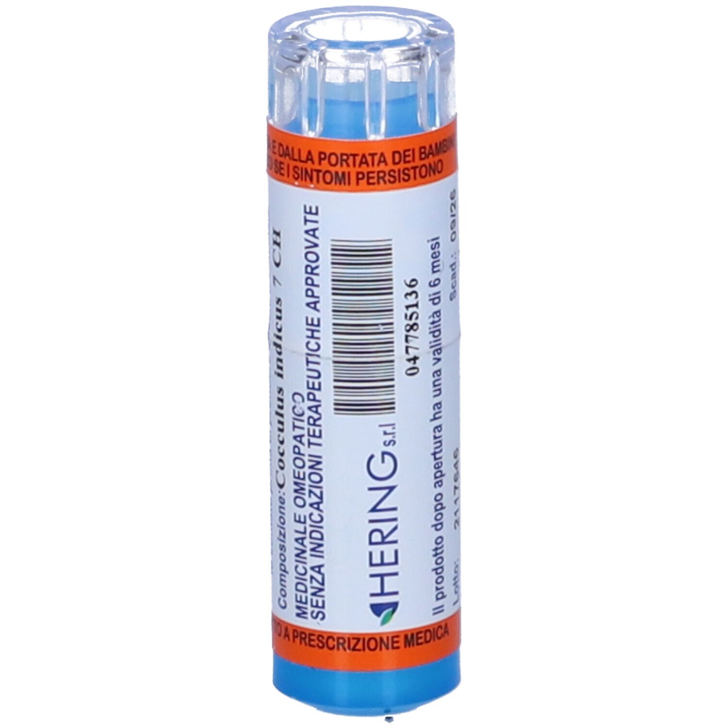 Confezione cilindrica con base e coperchio blu. Etichetta con codice a barre e testo: Hering s.r.l. Medicinale.