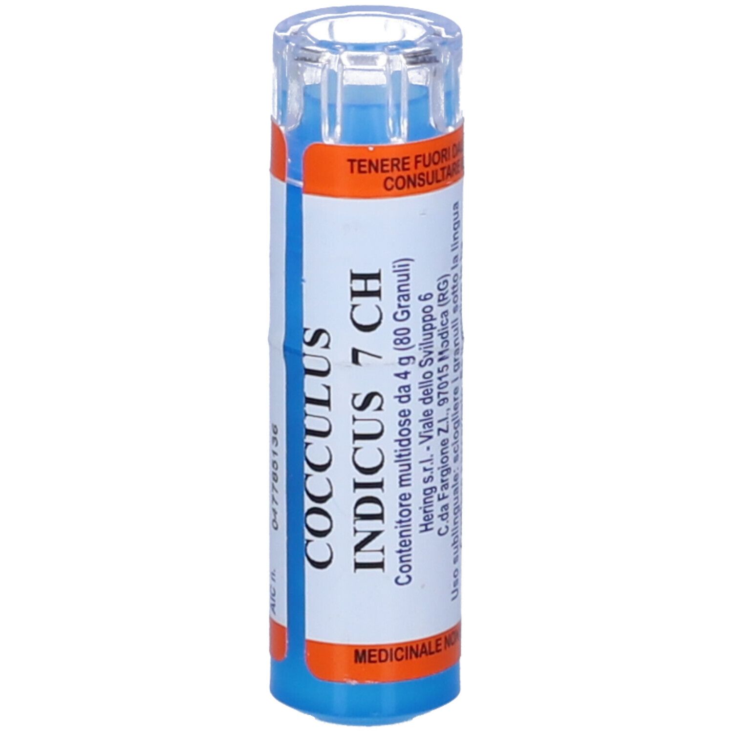 Contenitore cilindrico multidose. Etichette arancioni, bianche e blu. Scritta: Cocculus Indicus 7 CH, 80 Granuli.