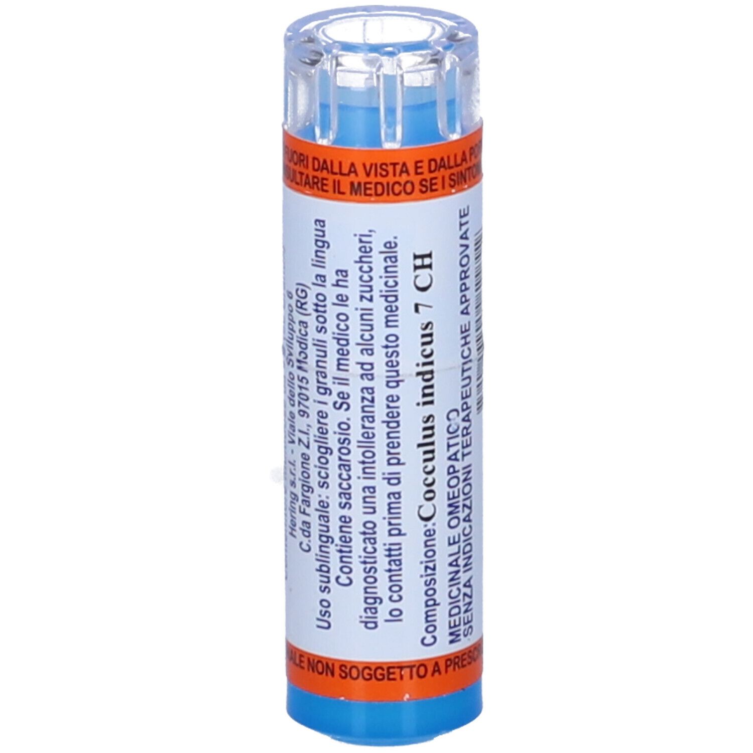 Contenitore cilindrico multidose. Etichette arancioni, bianche e blu. Scritta: Cocculus Indicus 7 CH, 80 Granuli.