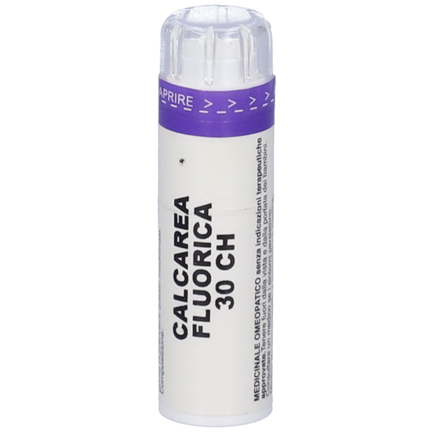 Flacone cilindrico con etichetta bianca. Scritta: CALCAREA FLUORICA 30 CH. Coperchio trasparente. Striscia viola con freccia. Testo.