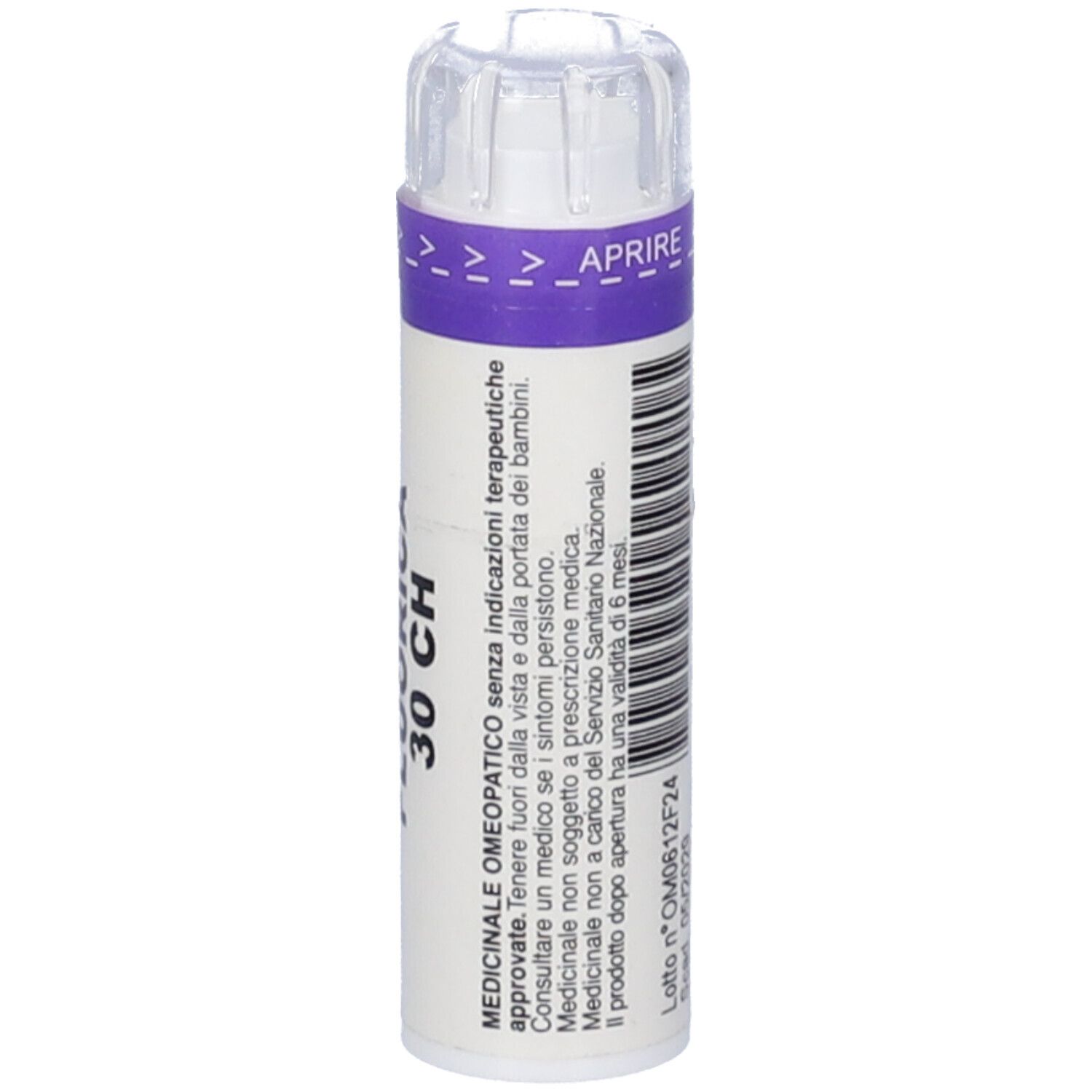 Flacone cilindrico con etichetta bianca. Scritta: CALCAREA FLUORICA 30 CH. Coperchio trasparente. Striscia viola con freccia. Testo.