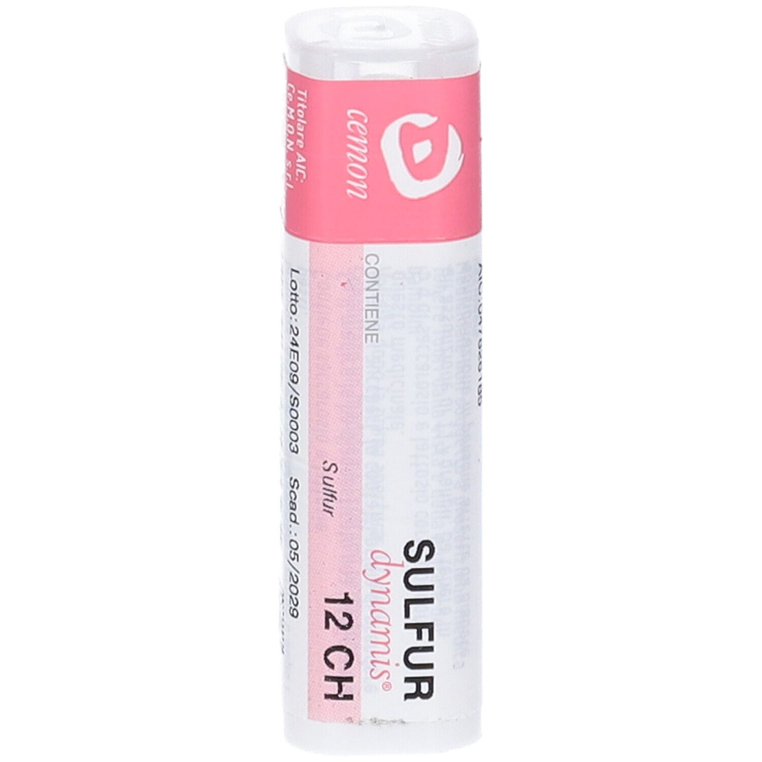 Confezione cilindrica con etichetta rosa e bianca. Scritta: Sulfur dynamis 12 CH. Marchio: Cemon.
