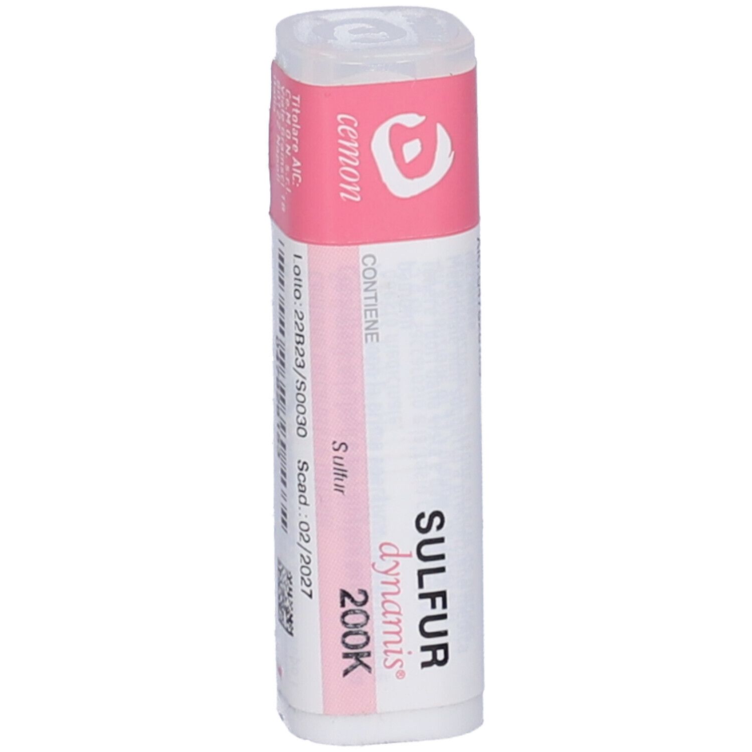Flacone cilindrico bianco con etichetta rosa. Scritta: Sulfur dynamis 200K, cemon. Tappo trasparente.