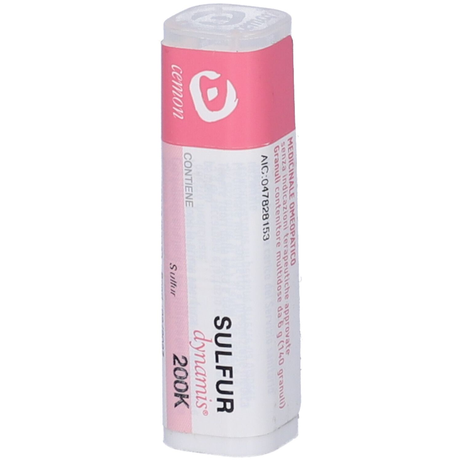 Flacone cilindrico bianco con etichetta rosa. Scritta: Sulfur dynamis 200K, cemon. Tappo trasparente.