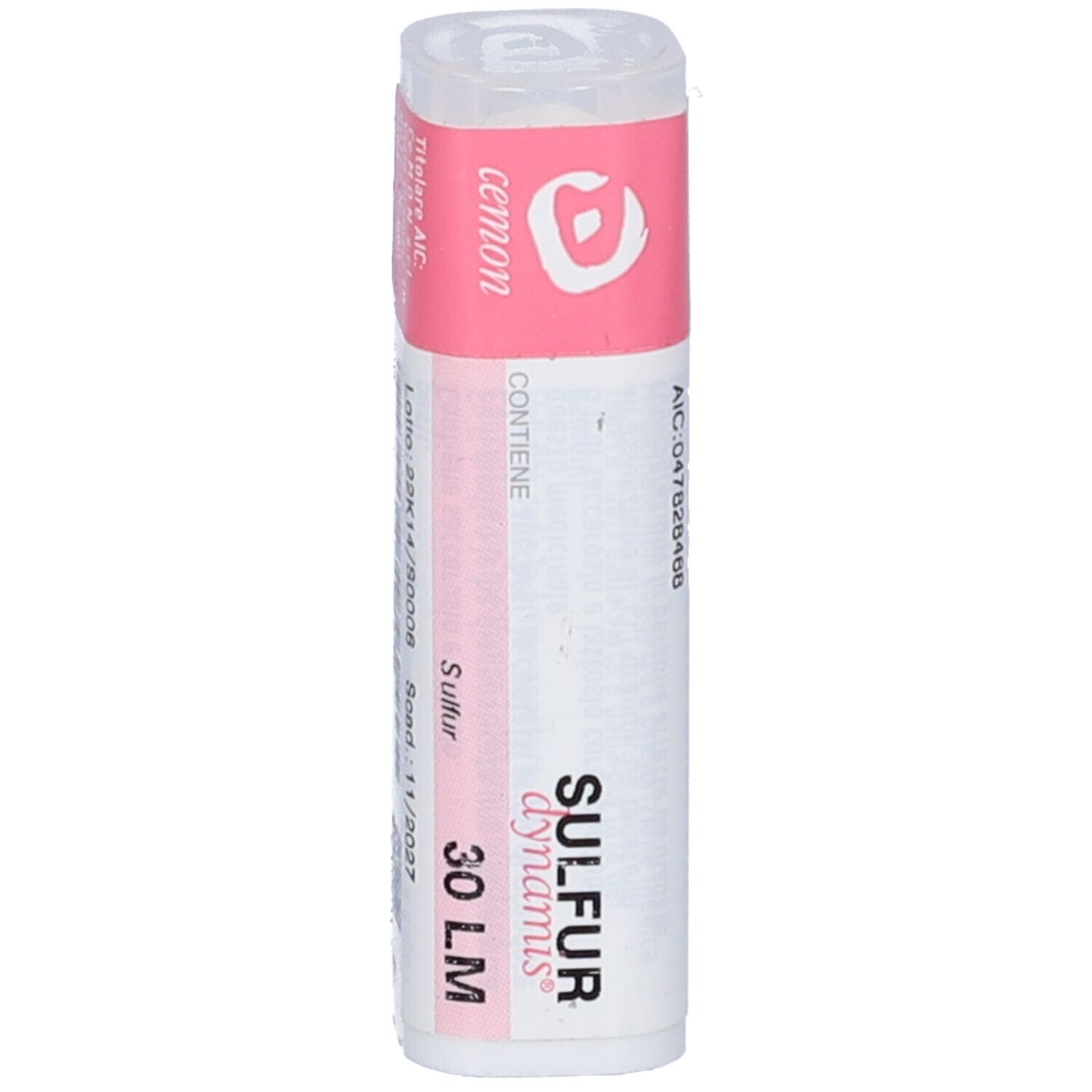 Contenitore multidose cilindrico bianco con etichetta rosa. Scritta: Sulfur Dynamis 30 LM, cemon.