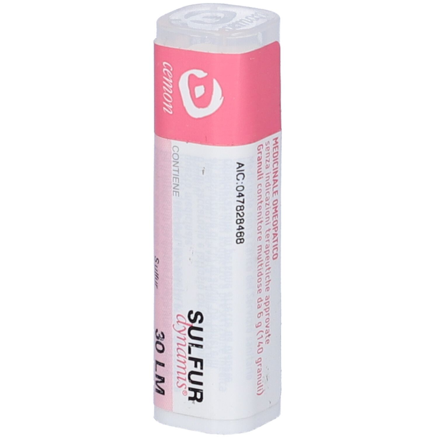 Contenitore multidose cilindrico bianco con etichetta rosa. Scritta: Sulfur Dynamis 30 LM, cemon.