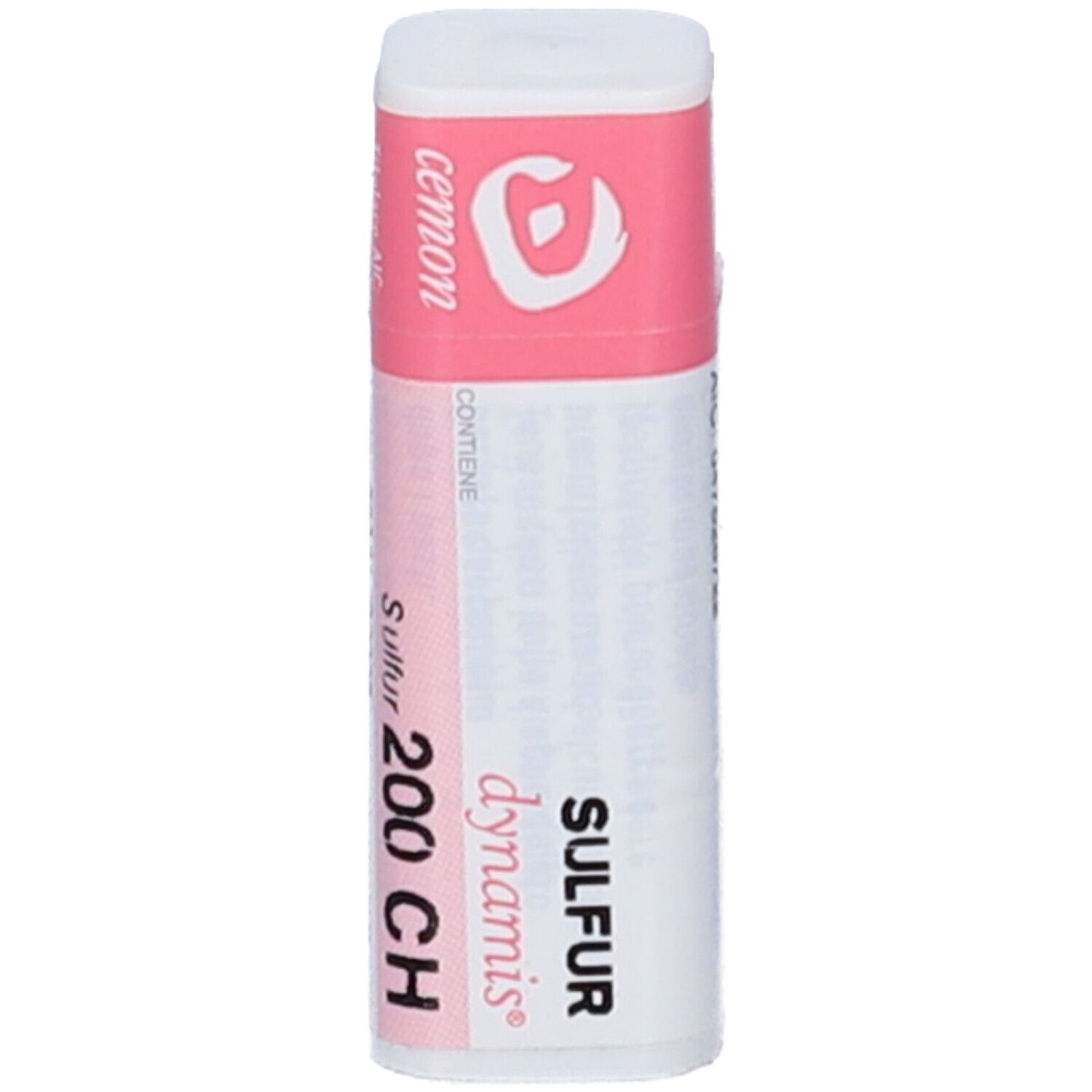 Confezione cilindrica con etichetta rosa e bianca. Scritte: SULFUR 200 CH, dynamis.