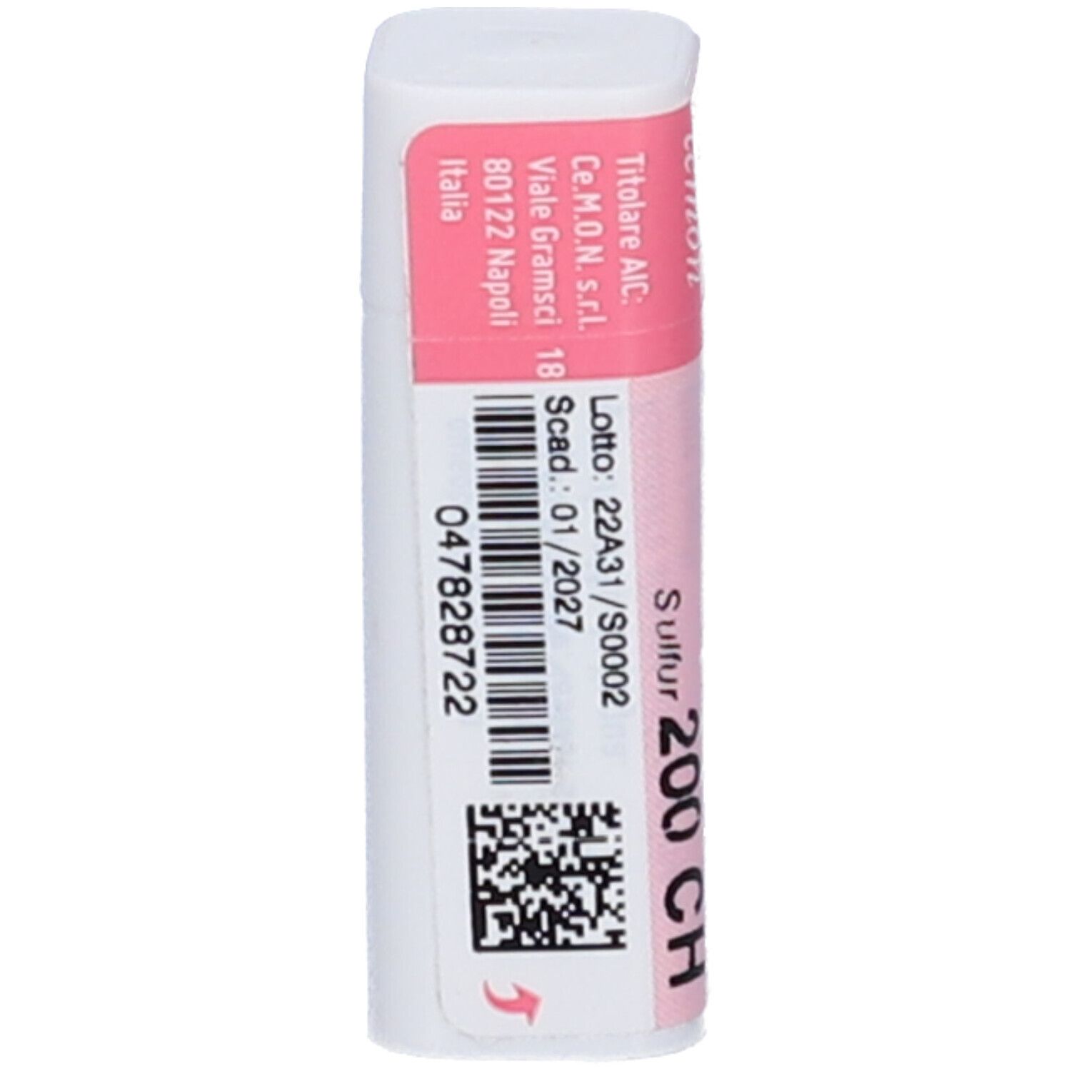 Confezione cilindrica con etichetta rosa e bianca. Scritte: SULFUR 200 CH, codice a barre, 047828722.