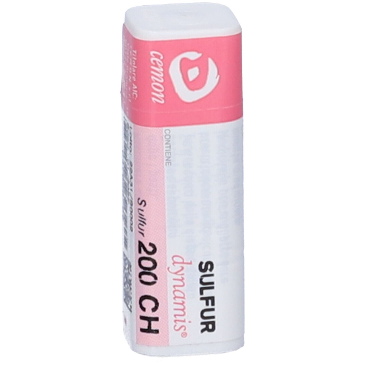 Confezione cilindrica con etichetta rosa e bianca. Scritte: SULFUR 200 CH, dynamis.