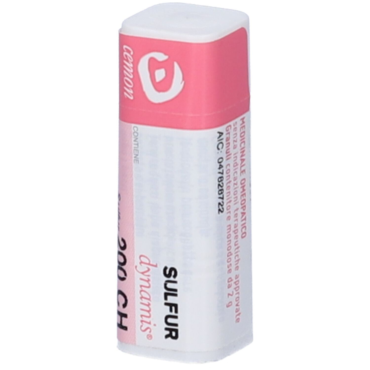 Confezione cilindrica con etichetta rosa e bianca. Scritte: SULFUR 200 CH, medico.