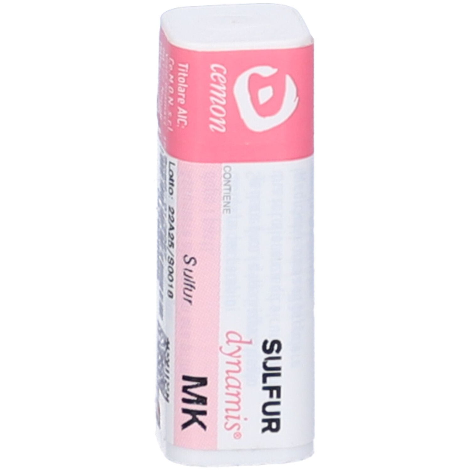 Confezione cilindrica con etichetta rosa. Scritto: Sulfur dynamis MK. Marchio Cemon.