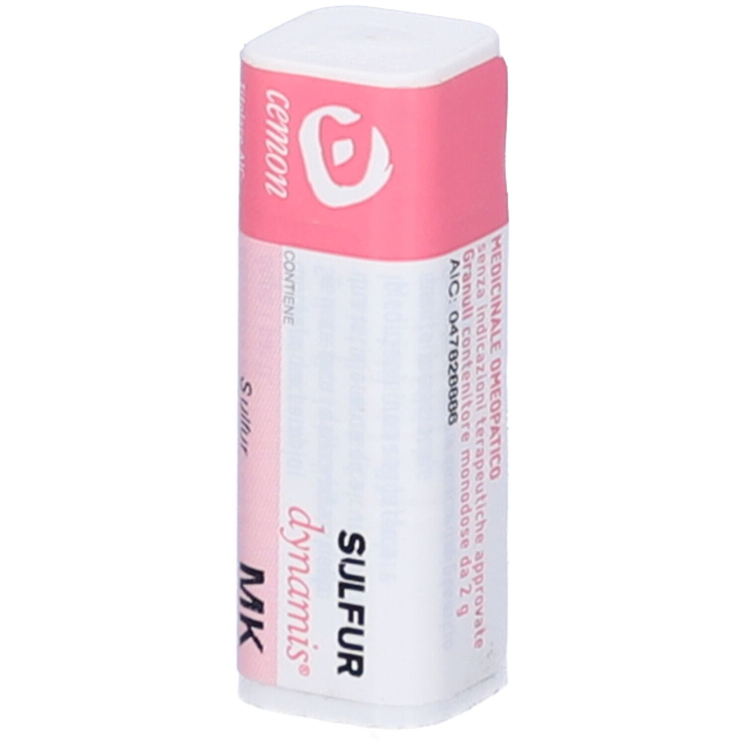 Confezione cilindrica con etichetta rosa. Scritto: Sulfur dynamis MK. Marchio Cemon.