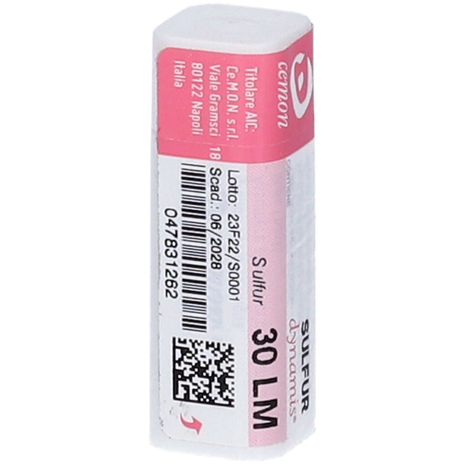 Flacone cilindrico con etichetta rosa. Scritte: cemon, Sulfur, 30 LM, dynamis. Codice a barre e testo.