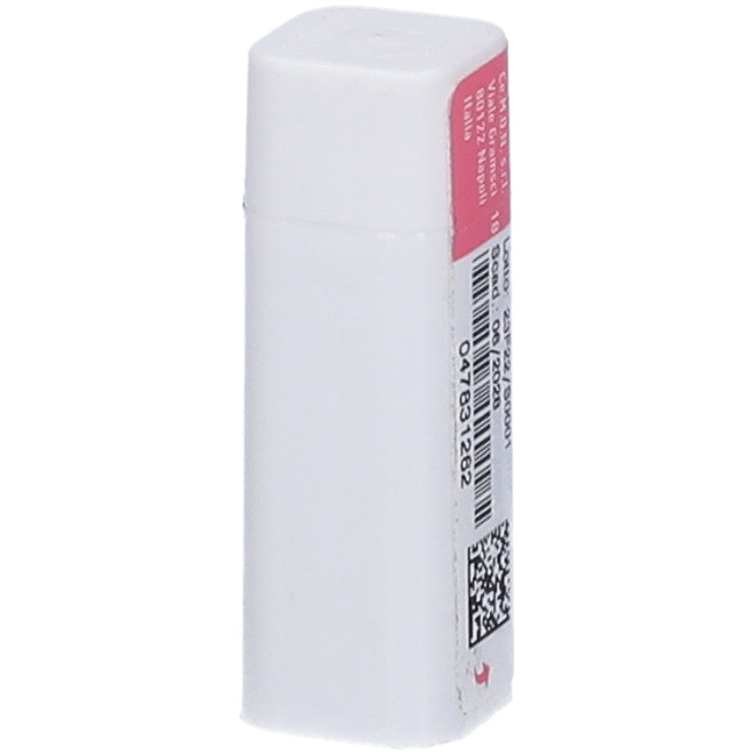 Flacone bianco con etichetta rosa. Scritte e codice a barre. Tappo rosa.