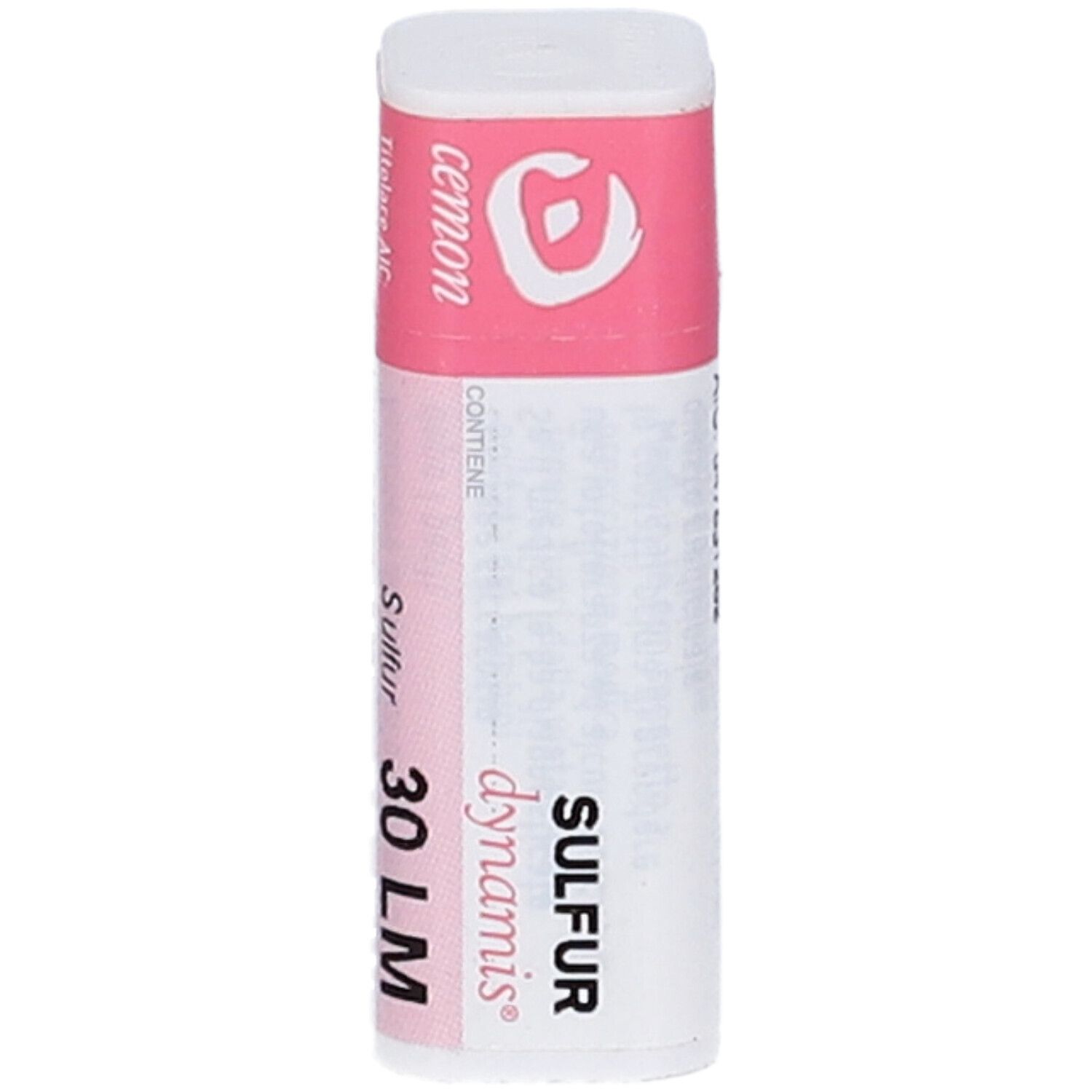 Flacone cilindrico con etichetta rosa. Scritte: cemon, Sulfur, 30 LM, dynamis. Tappo rosa.