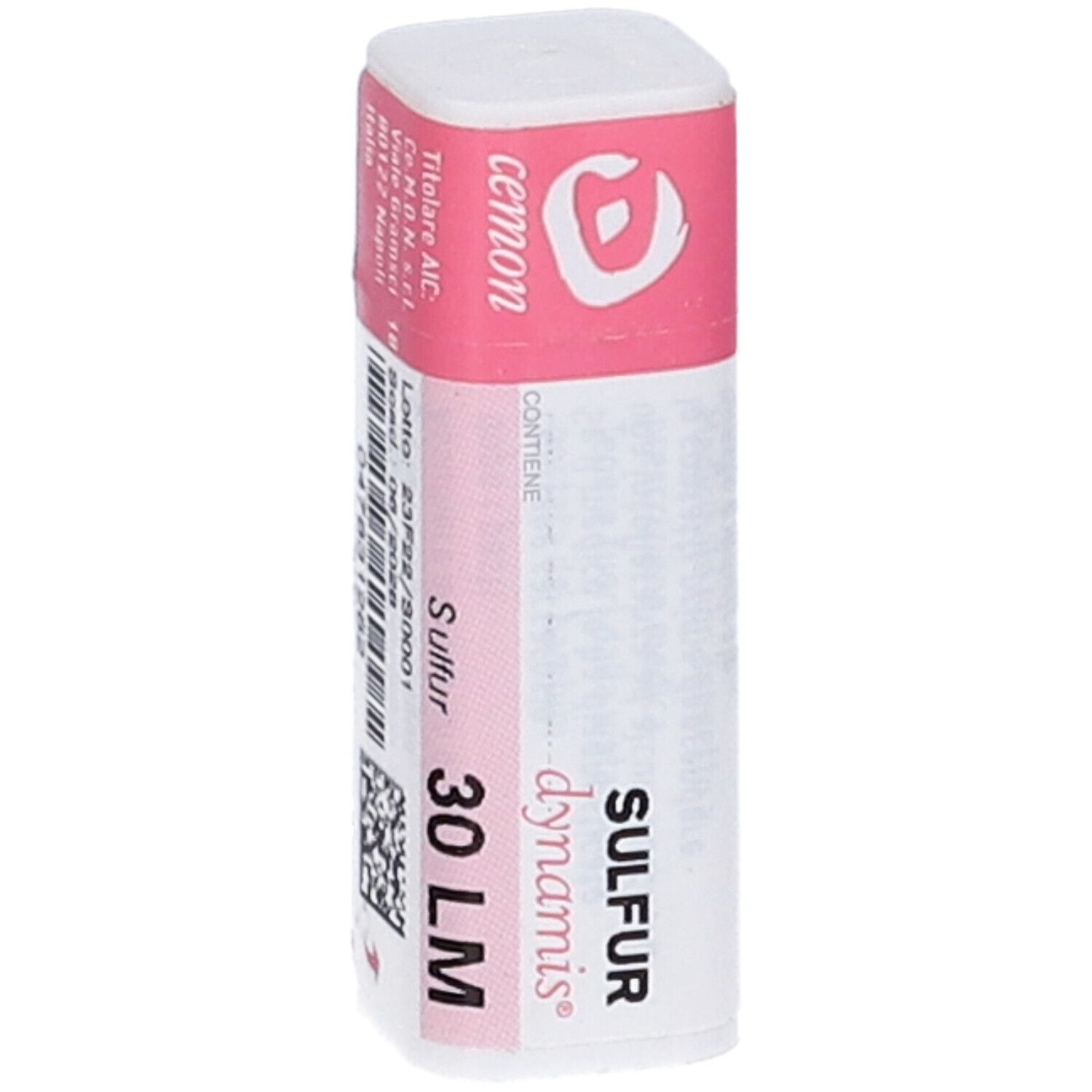 Flacone cilindrico con etichetta rosa. Scritte: cemon, Sulfur, 30 LM, dynamis. Codice a barre.