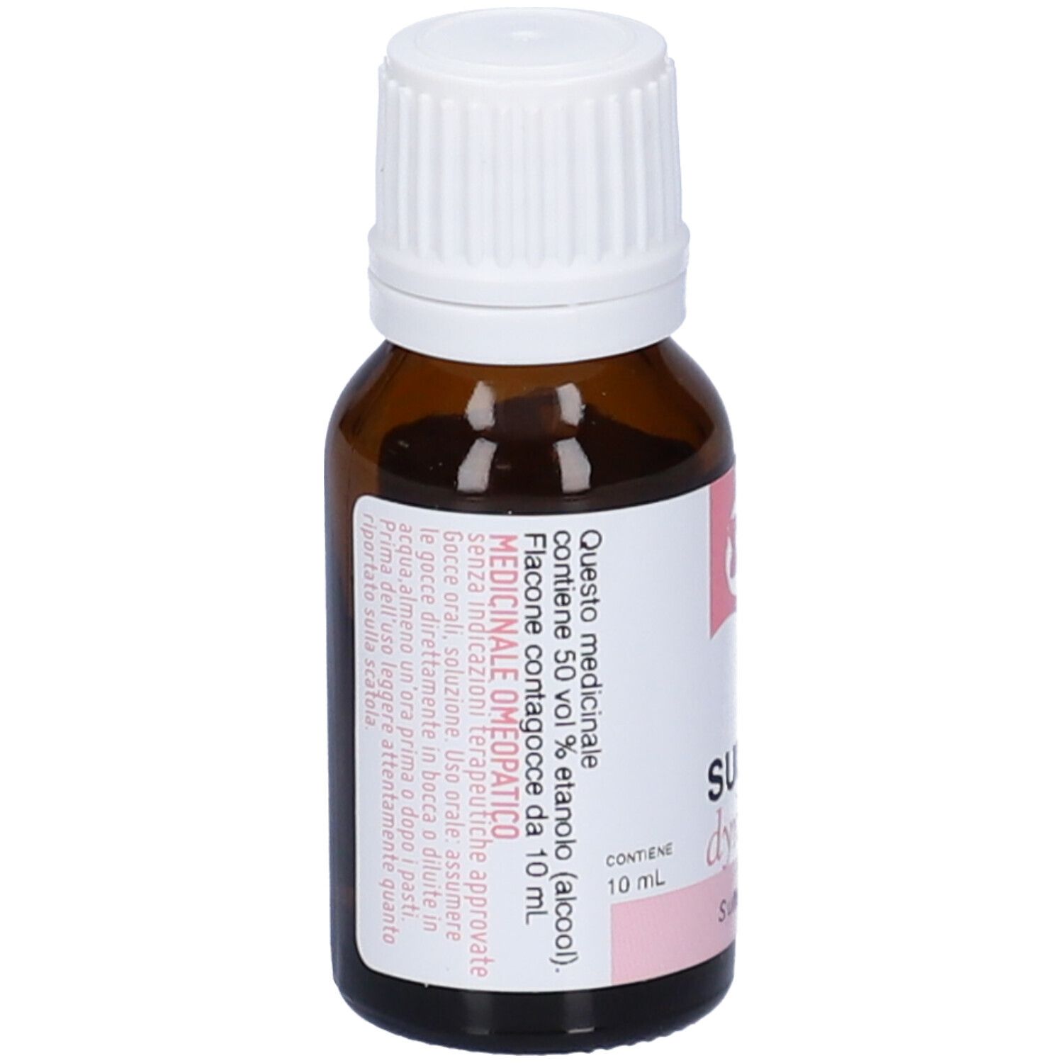 Flacone di vetro marrone con tappo bianco. Etichetta con testo in italiano. Contiene 50% etanolo.
