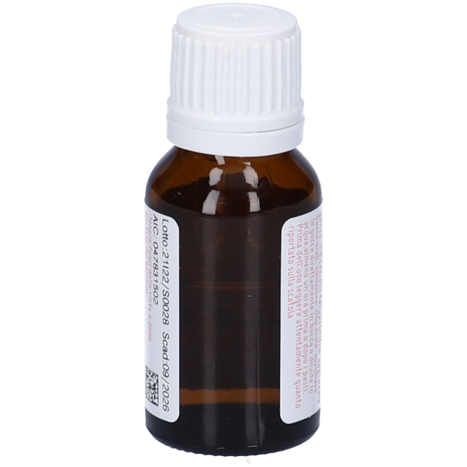 Flacone di vetro marrone con tappo bianco. Etichetta con numero di lotto e scadenza. Vista posteriore.