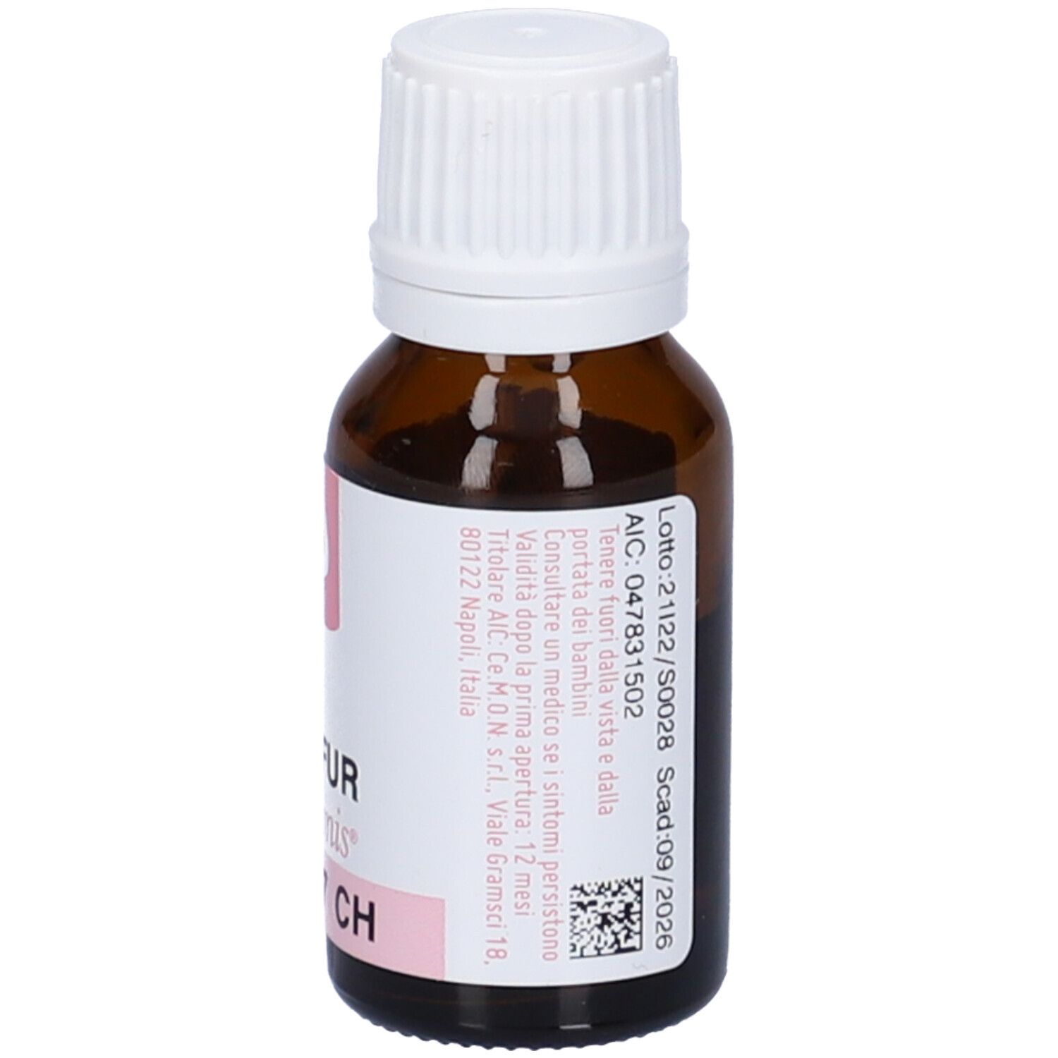 Flacone vetro marrone con tappo bianco. Etichetta con numero lotto, scadenza e informazioni produttore.