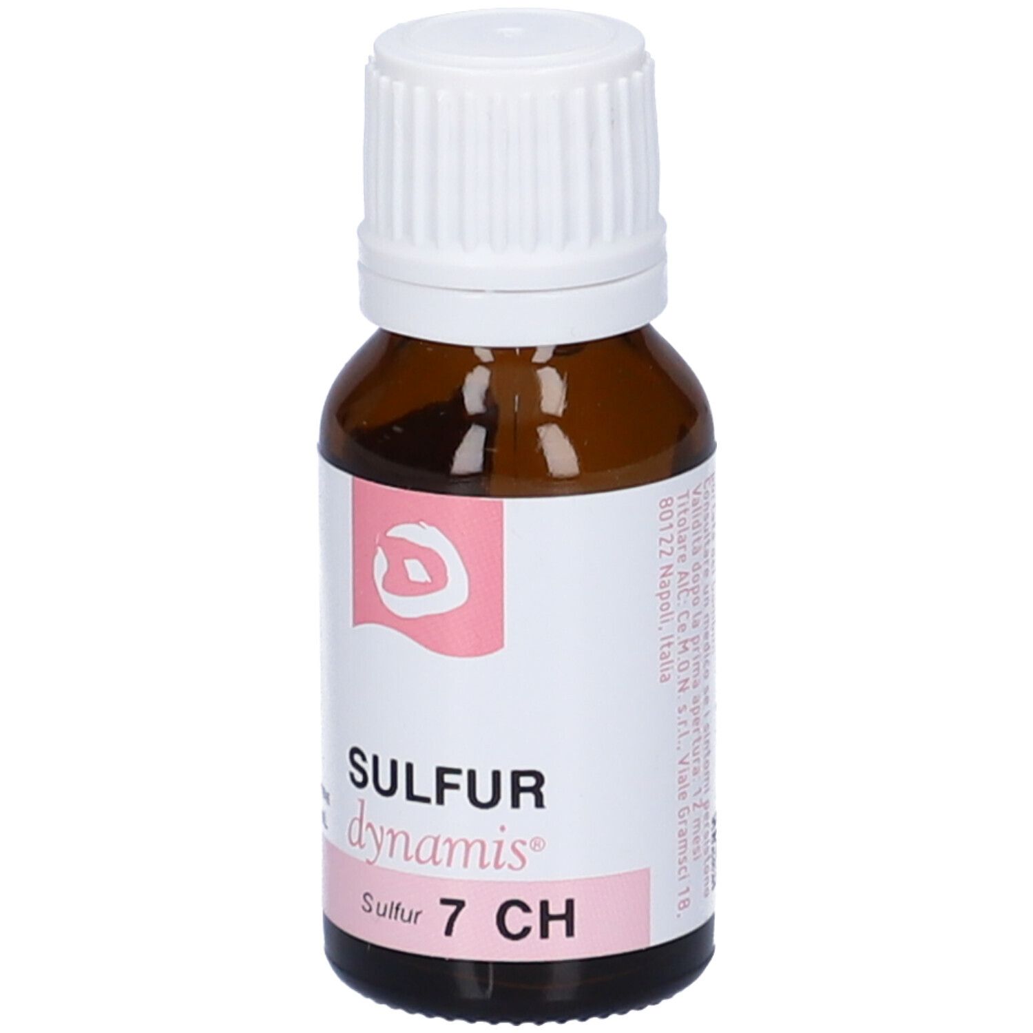 Flacone vetro marrone con tappo bianco. Etichetta con nome prodotto: Sulfur Dynamis 7 CH. Accento rosa.