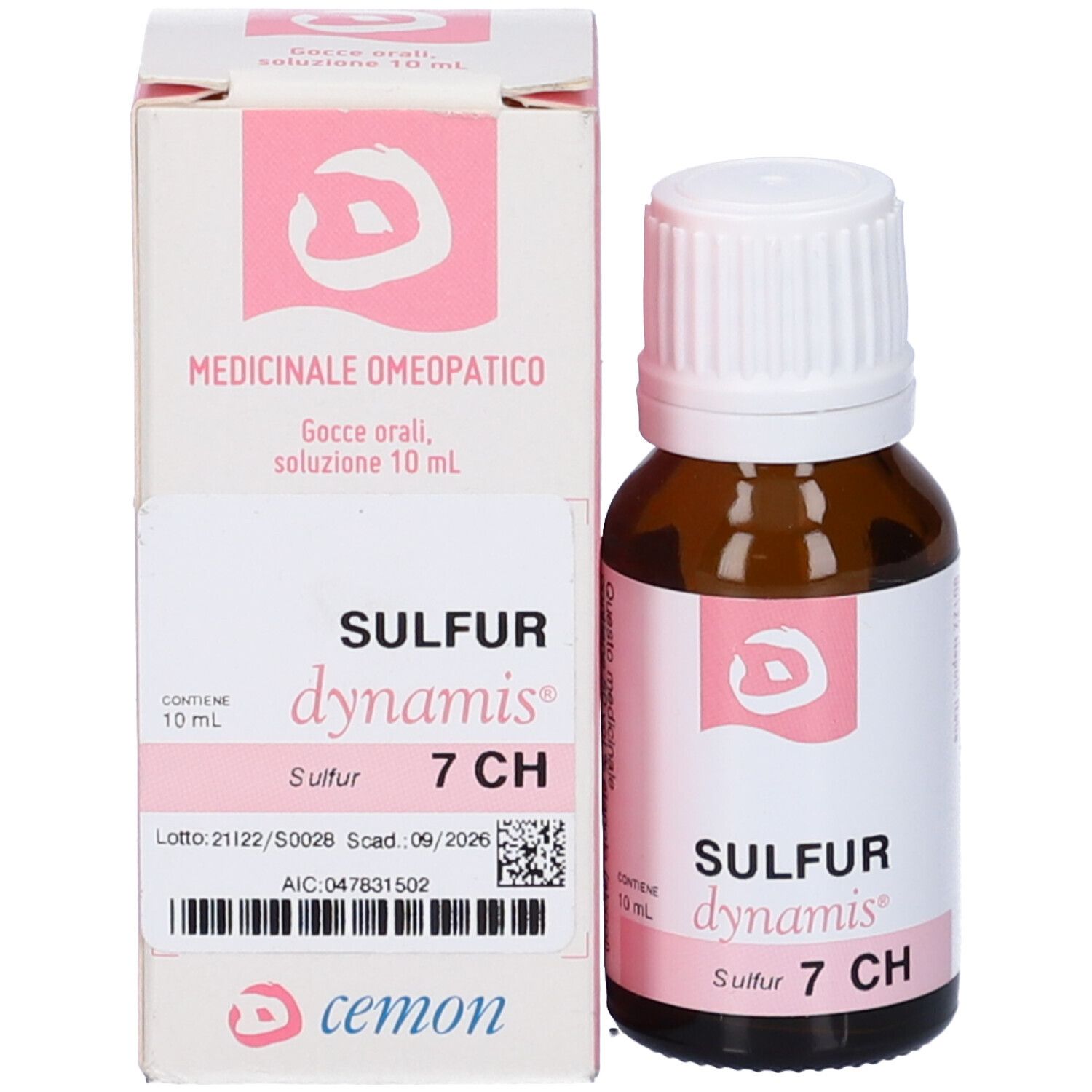 Confezione e flacone. Scatola e flacone con nome prodotto: Sulfur Dynamis 7 CH. Accento rosa.