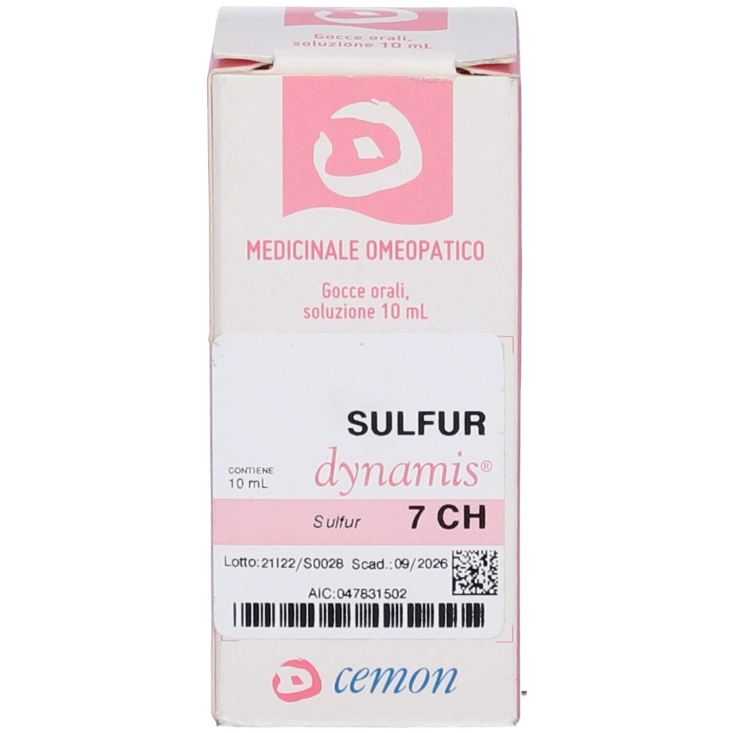 Confezione prodotto. Scatola con nome prodotto: Sulfur Dynamis 7 CH. Accento rosa. Marchio Cemon.