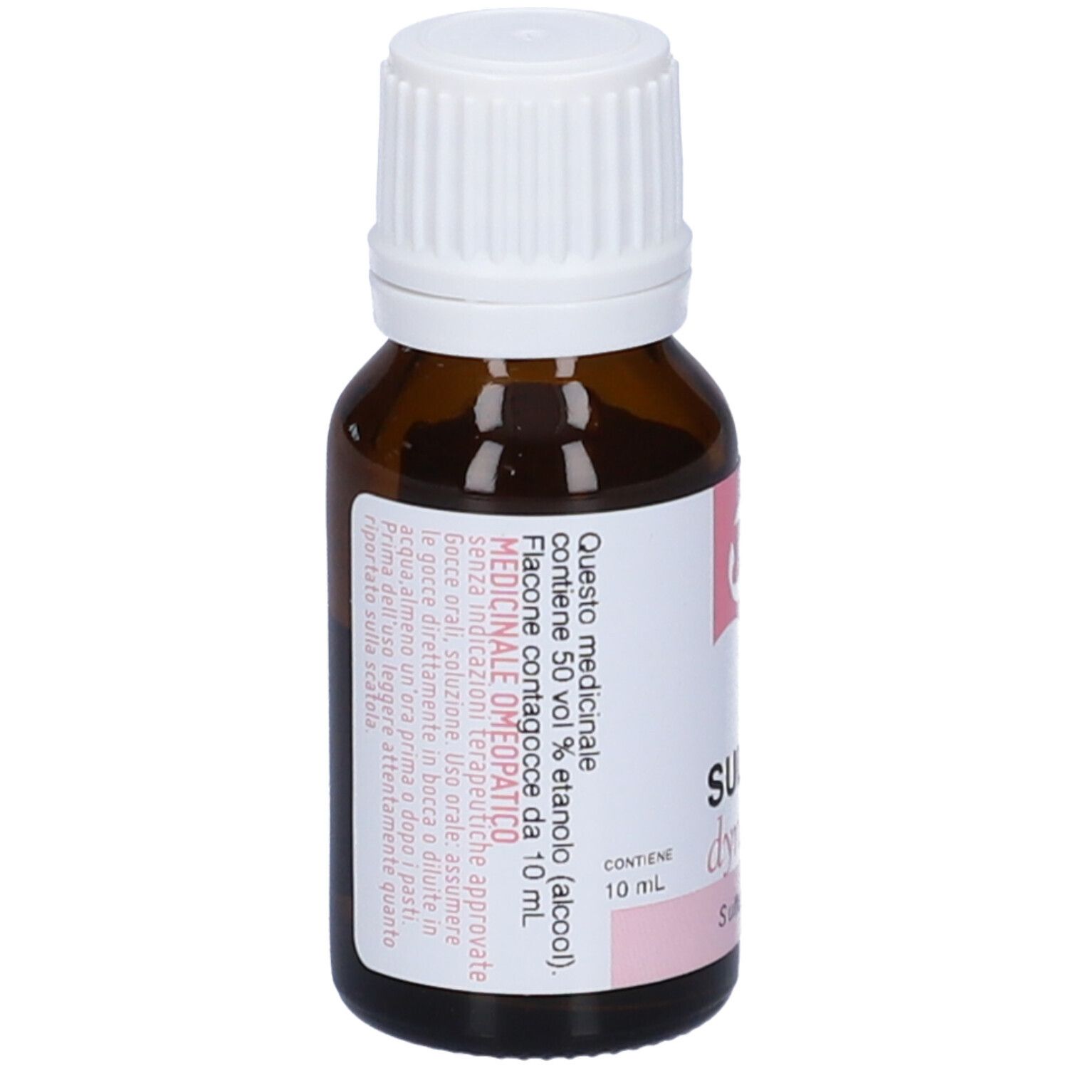 Flacone di vetro marrone con tappo bianco. Etichetta con informazioni prodotto e testo in italiano.