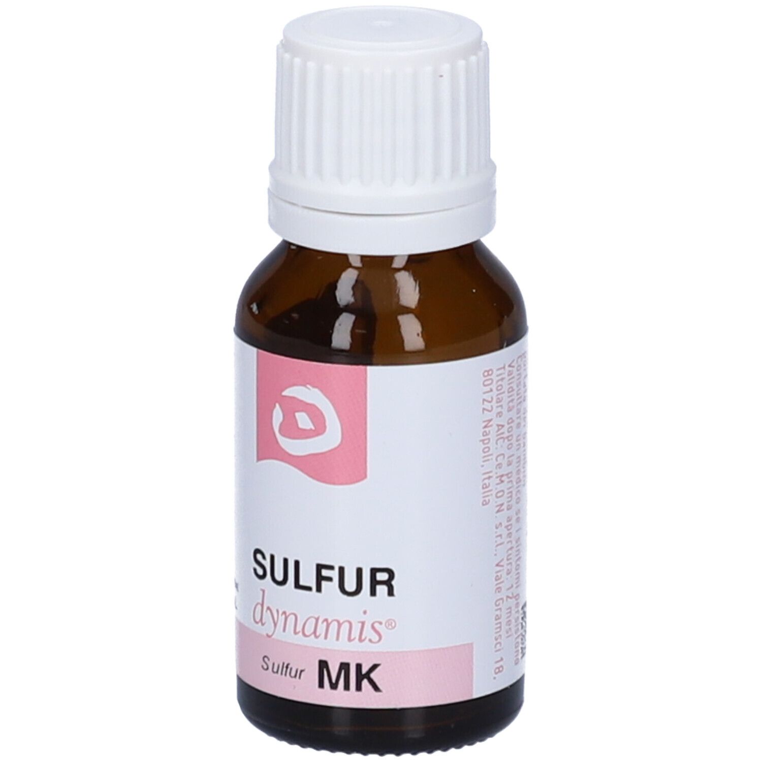 Flacone di vetro marrone con tappo bianco. Etichetta rosa con nome prodotto: Sulfur Dynamis MK.